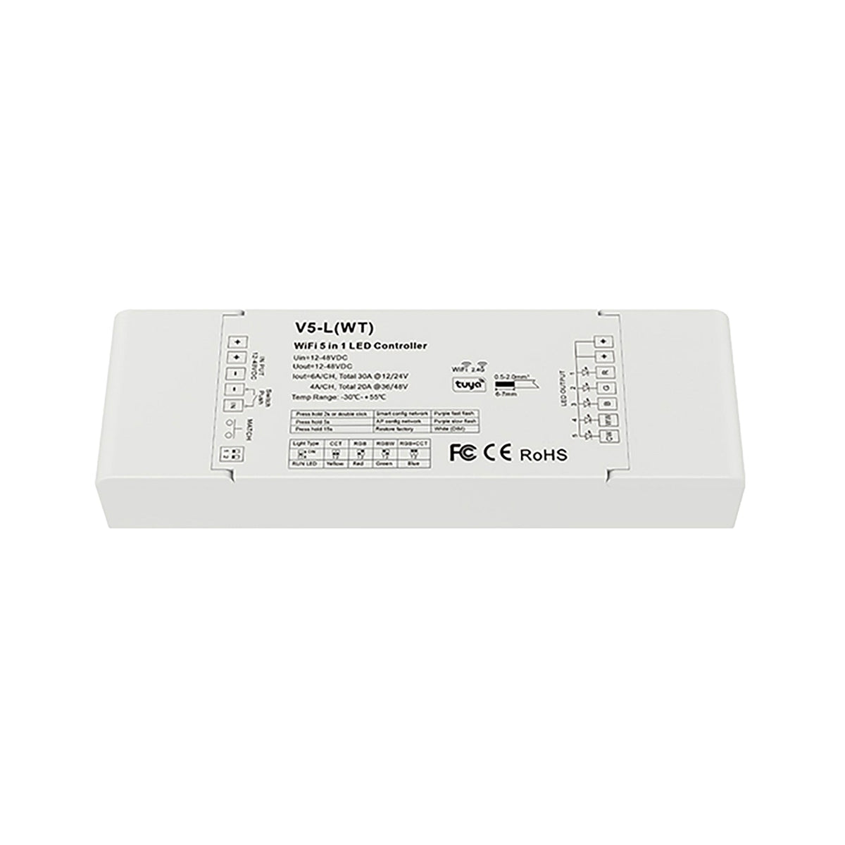 G.W.S. LED 5CH*6A 12-48VDC WiFi & RF 5 in 1 CV Controller V5-L(WT) (Tuya App)