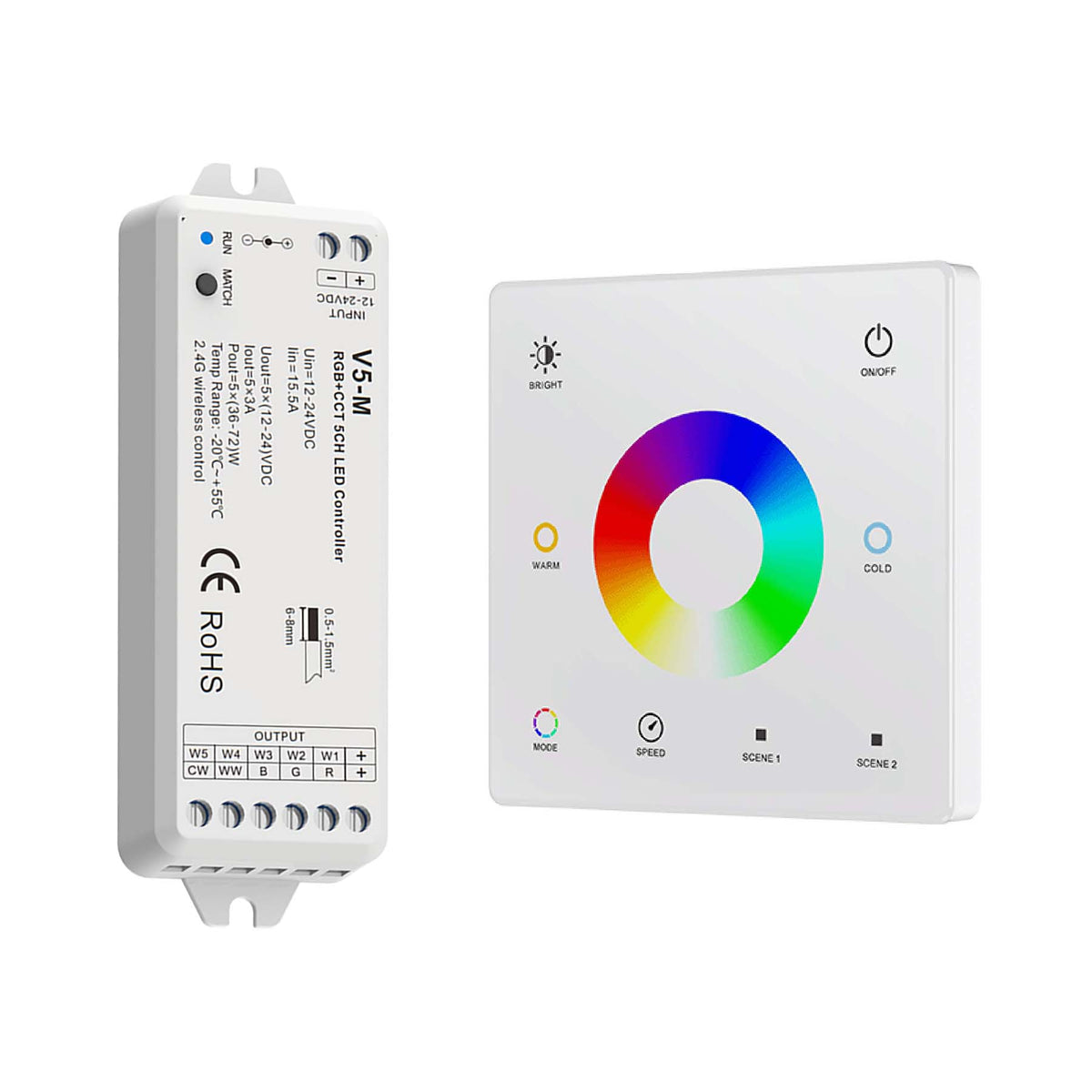 G.W.S. LED LED 12-24V DC RGB+CCT Controller V5-M + 1 Zone Panel Remote Control 1*CR2032 Battery TW5