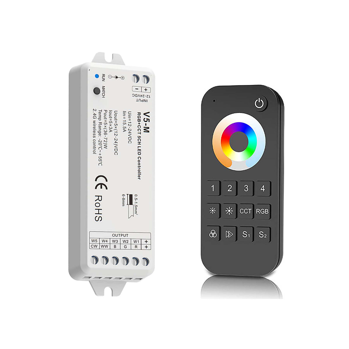 G.W.S. LED LED 12-24V DC RGB+CCT Controller V5-M + 4 Zone Remote Control RT10