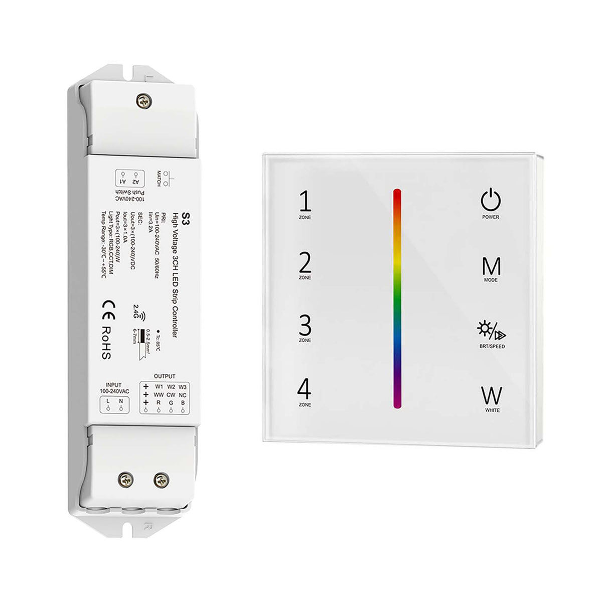 G.W.S. LED White LED 100-240V AC RGB/RGBW Controller S3 + 4 Zone Panel Remote Control 100-240V AC Input T14-1