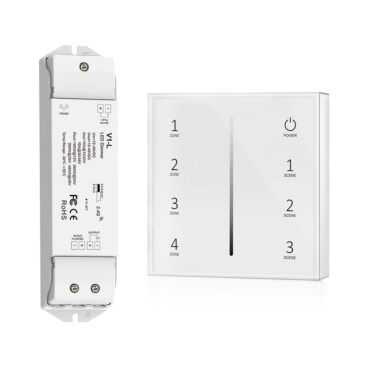 G.W.S. LED White LED 12-48V DC Dimming Controller V1-L + 4 Zone Panel Remote Control 2*AAA Battery T21
