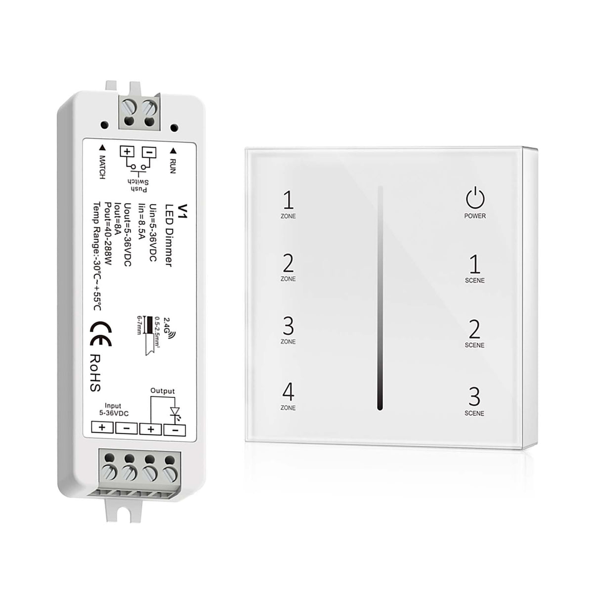 G.W.S. LED White LED 5-36V DC Dimming Controller V1 + 4 Zone Panel Remote Control 2*AAA Battery T21