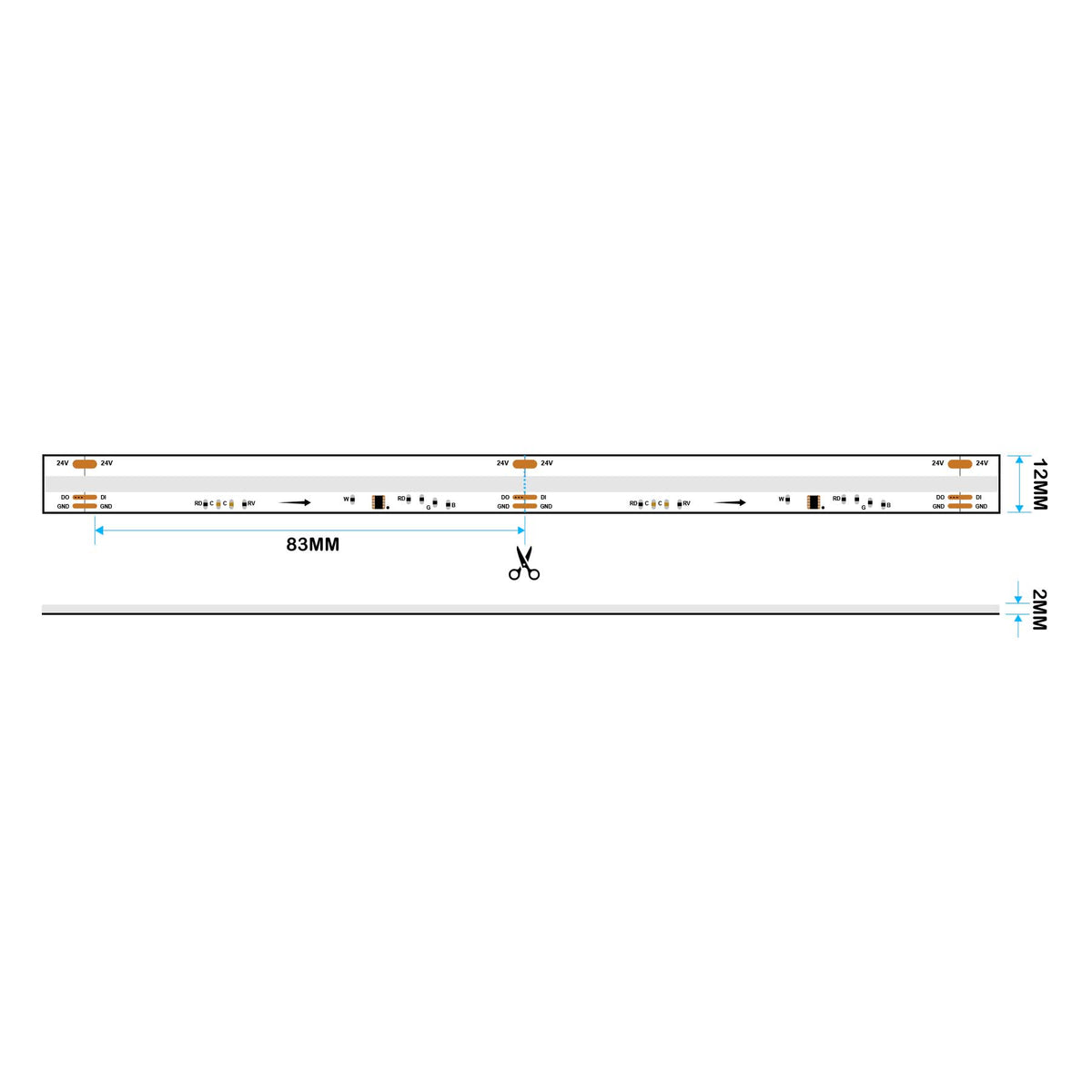 G.W.S LED Wholesale LED Strip Lights 5M / SPI RGBWW LED COB Strip Light, Seamless, 5M Reel, IP20, 24V, 12mm Wide, SPI Digital Pixel RGB+Warm White