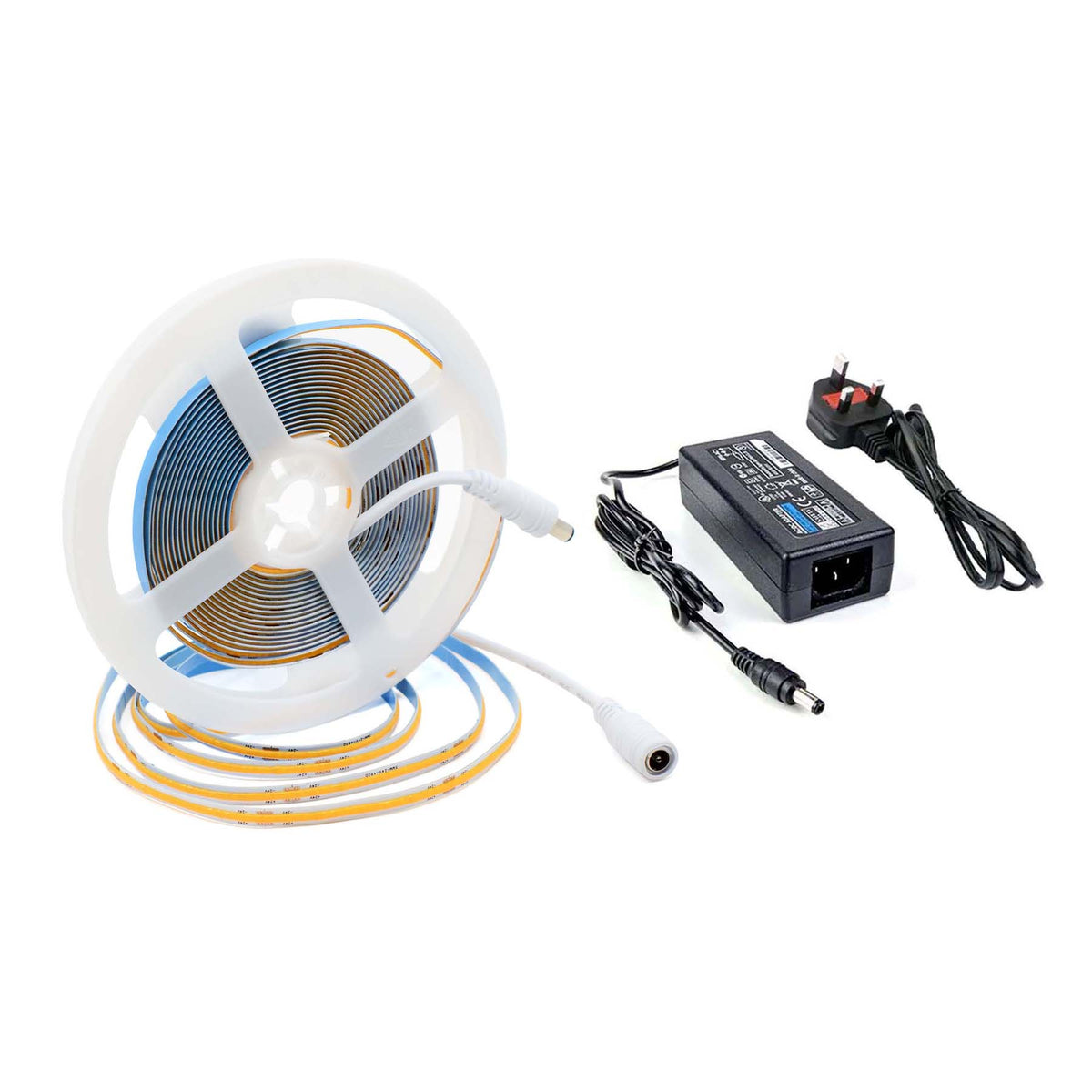 G.W.S LED Wholesale LED Strip Lights Full Kit (With Plug & Play Driver) / 5M / Warm White (3000K) LED COB Strip Light, Seamless, 5M Reel, IP20, 24V, 5mm Wide
