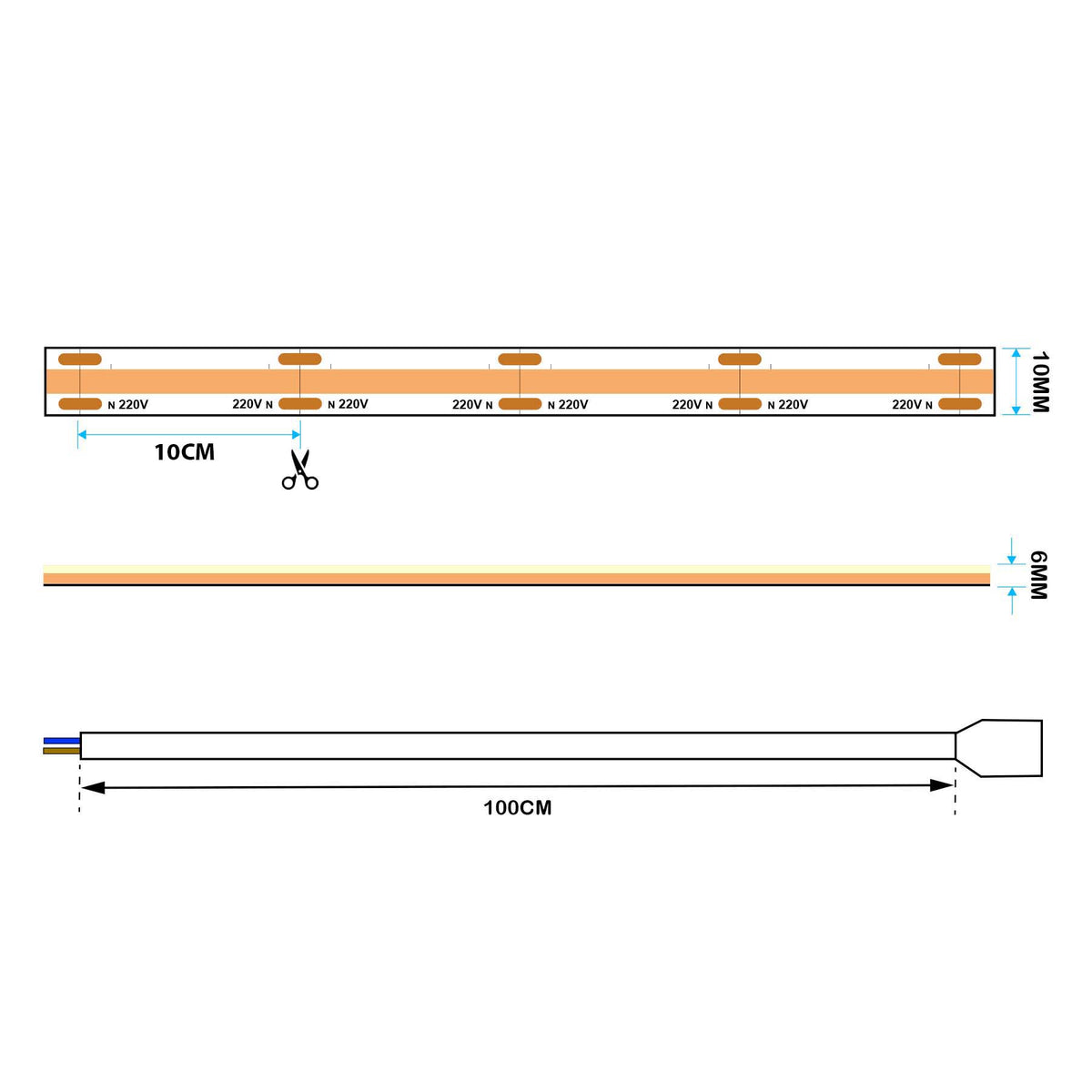 G.W.S LED Wholesale Ltd. LED Strip Lights Hard Wiring LED COB AC Strip Light, Seamless, IP65, 220V-240V, 10mm Wide, 10cm/Cut