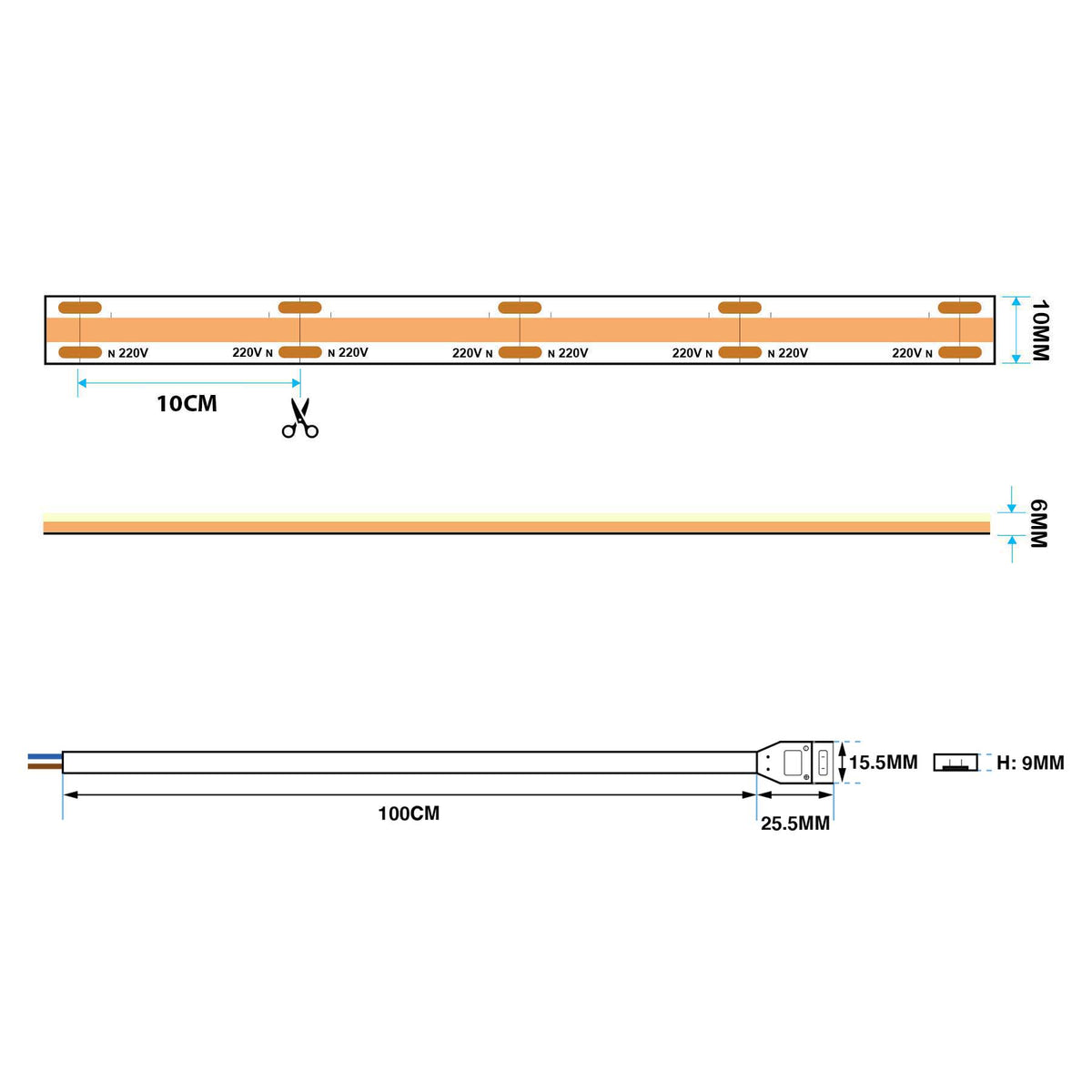 G.W.S LED Wholesale Ltd. LED Strip Lights Hard Wiring LED COB AC Strip Light, Seamless, IP65, 220V-240V, 10mm Wide, 10cm/Cut