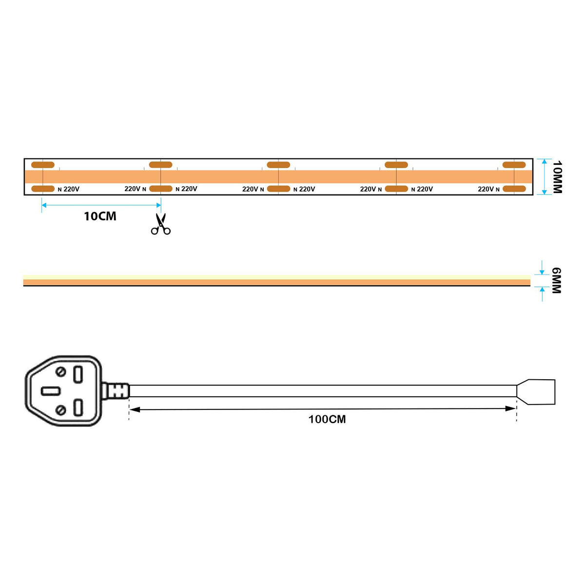 G.W.S LED Wholesale Ltd. LED Strip Lights Plug & Play LED COB AC Strip Light, Seamless, IP65, 220V-240V, 10mm Wide, 10cm/Cut