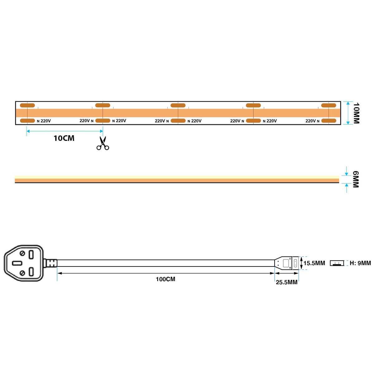 G.W.S LED Wholesale Ltd. LED Strip Lights Plug & Play LED COB AC Strip Light, Seamless, IP65, 220V-240V, 10mm Wide, 10cm/Cut
