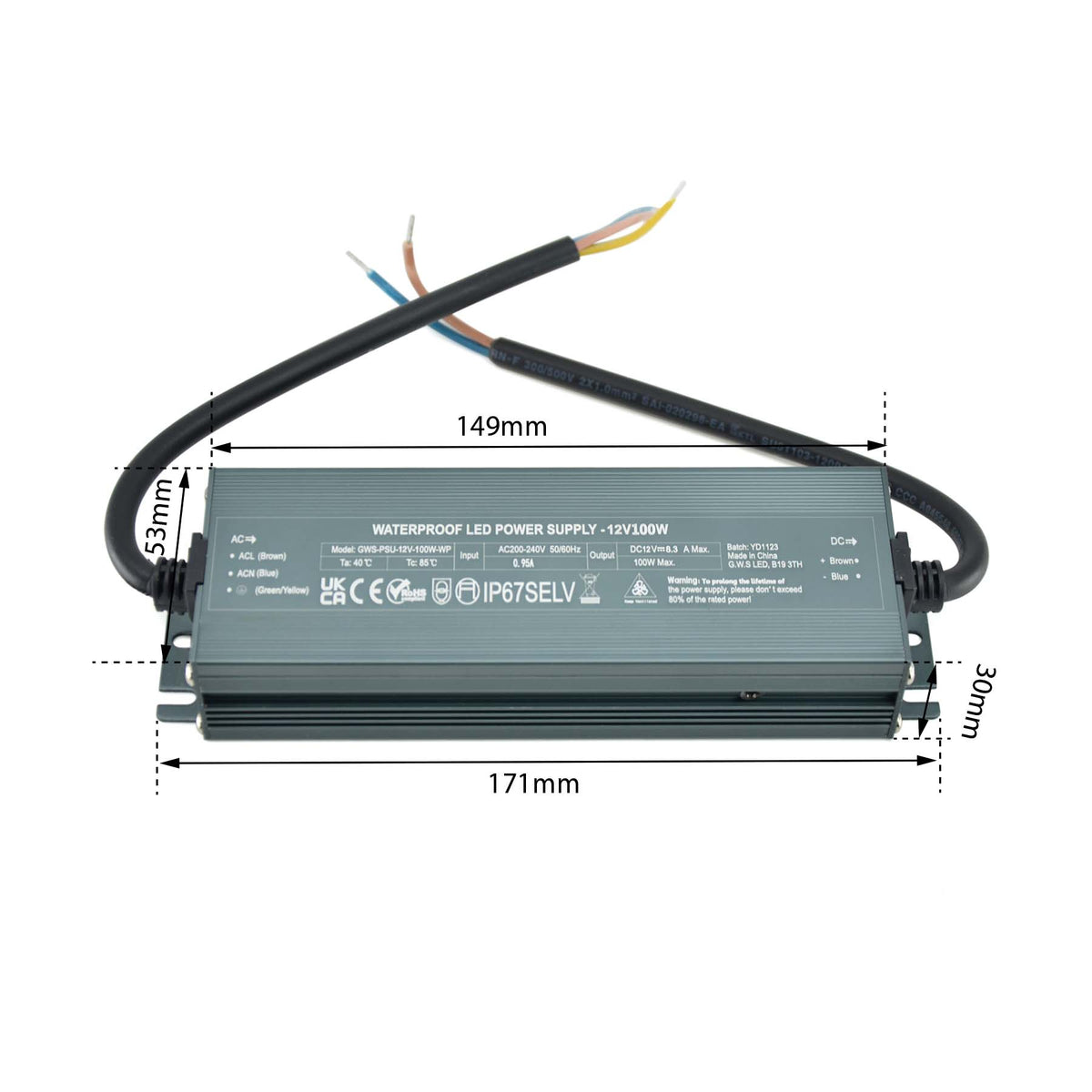 G.W.S. LED 12V / 100W LED Slim Driver 12V 100W IP67 Waterproof