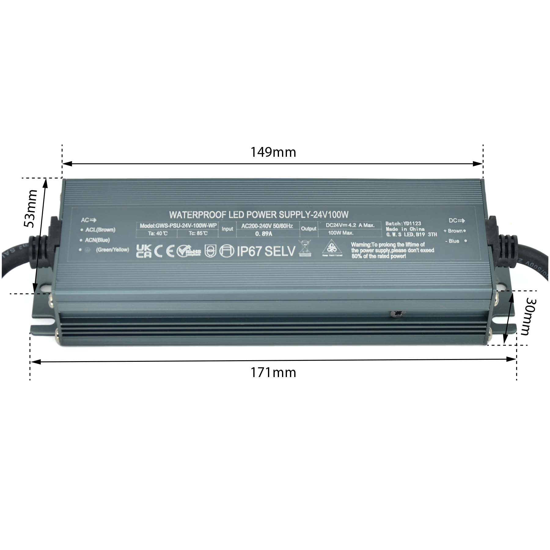 G.W.S. LED 24V / 100W LED Slim Driver 24V 100W IP67 Waterproof