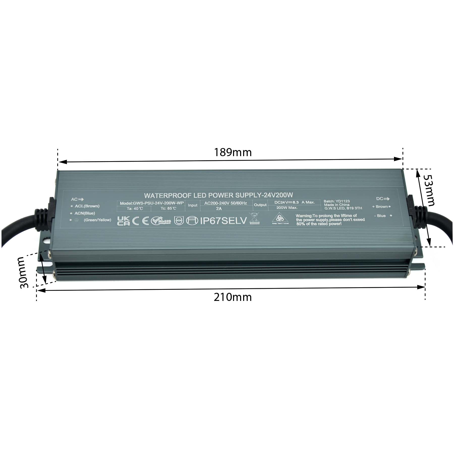 G.W.S. LED 24V / 200W LED Slim Driver 24V 200W IP67 Waterproof