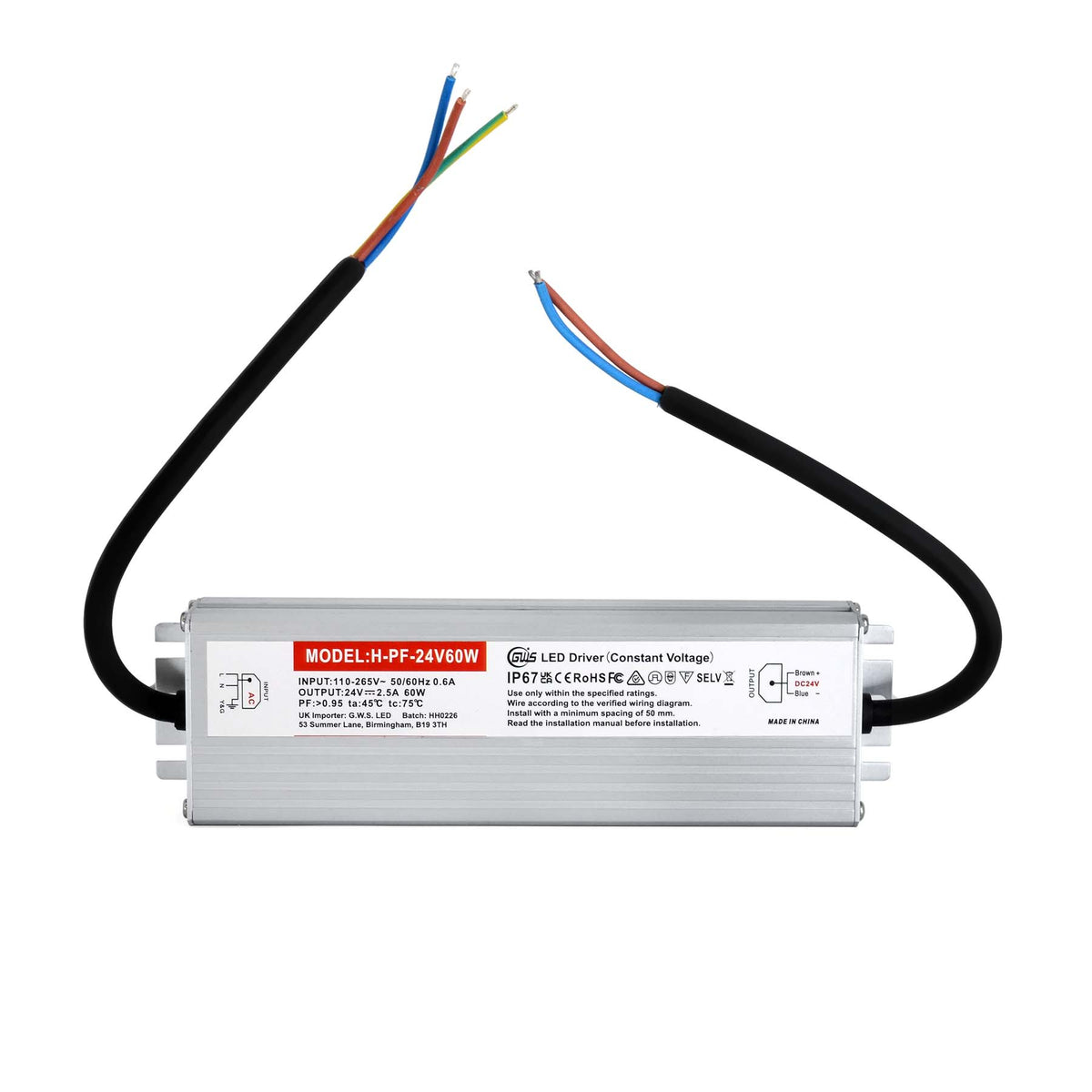 G.W.S. LED 24V / 60W LED Slim Power Supply Transformer DC 24V 60W 2.5A IP67