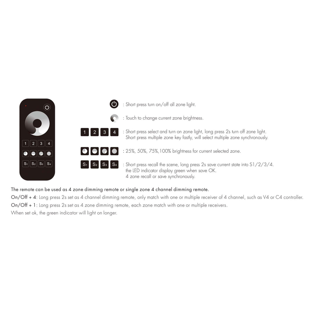 Zone Command Remote 4 Zone Dimming Remote Control 2.4GHz RF RT6