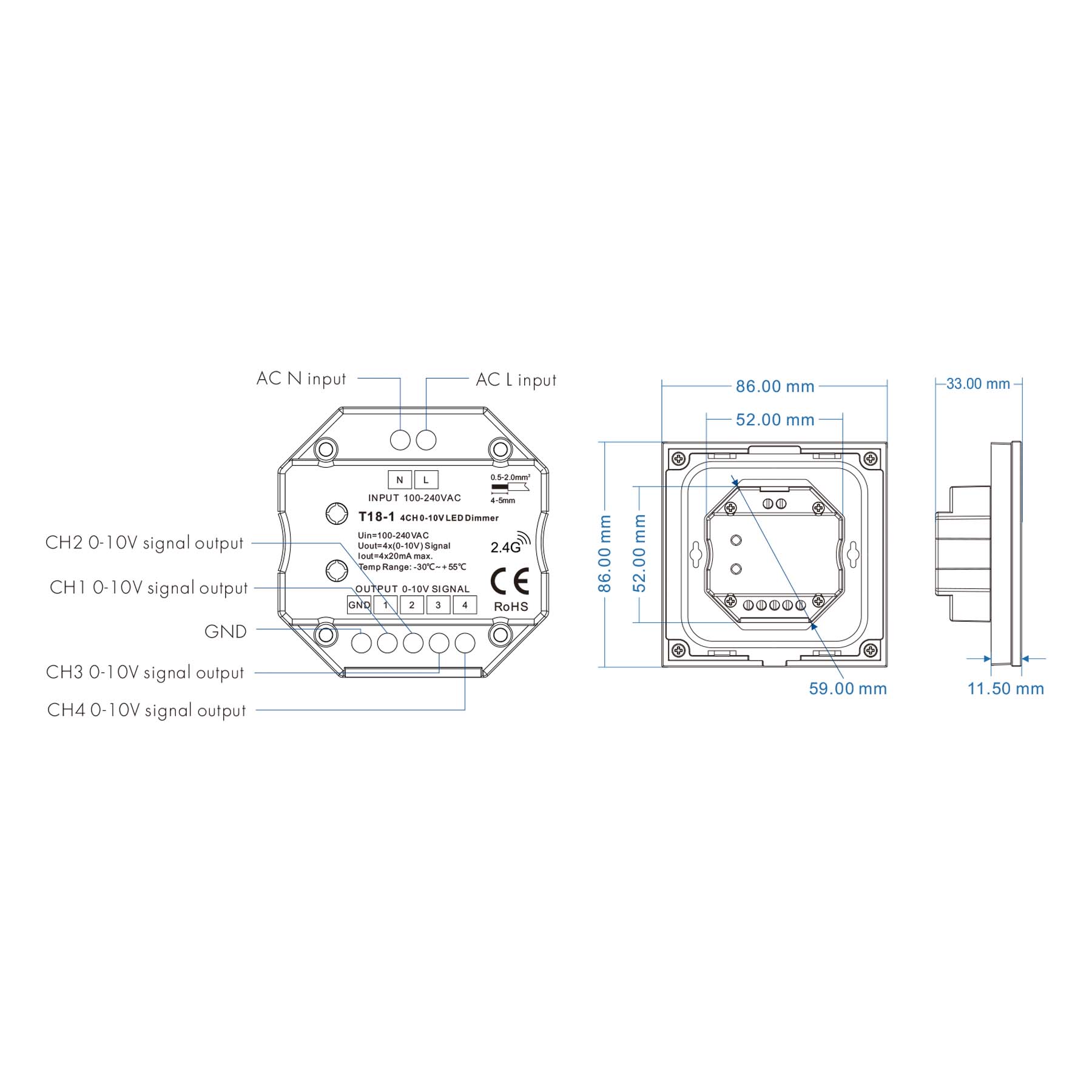 G.W.S. LED 4 Zones Touch Panel 0-10V Dimmer T18-1