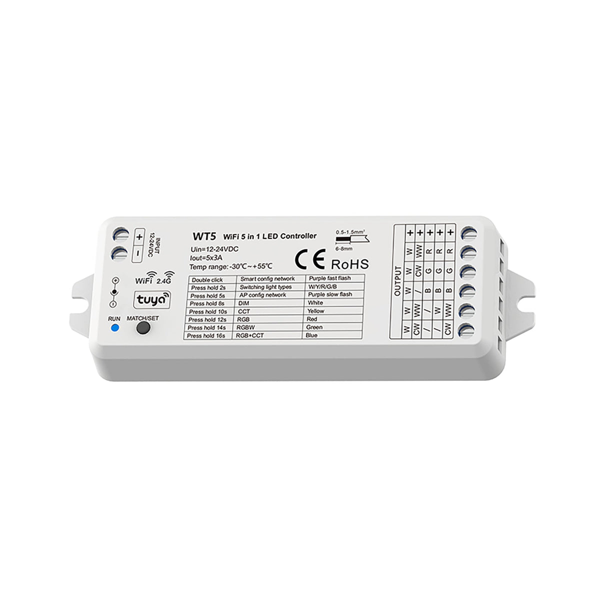 G.W.S. LED 5CH*3A 12-24V WiFi & RF 5 in 1 CV Controller WT5 (Tuya App)