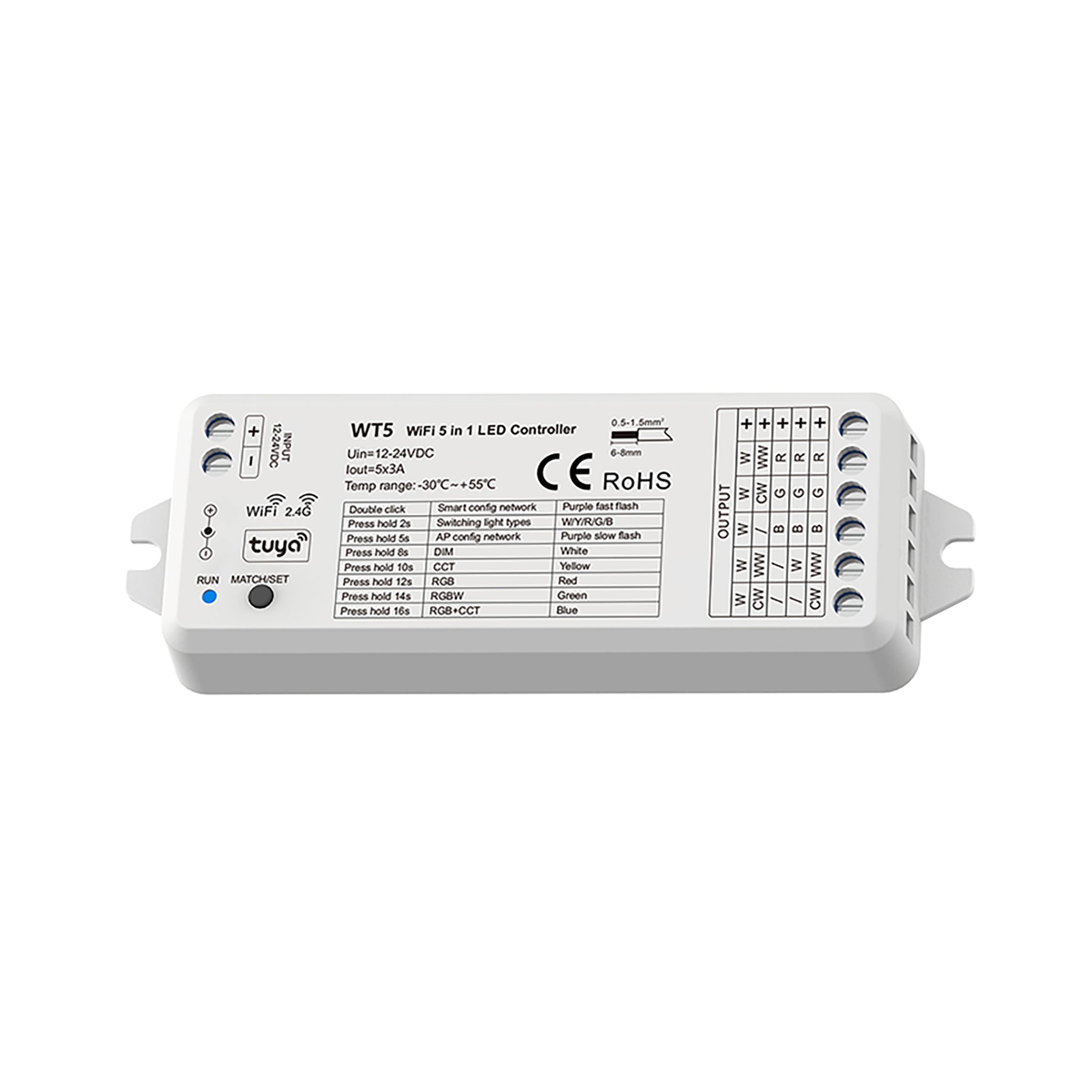 G.W.S. LED 5CH*3A 12-24V WiFi & RF 5 in 1 CV Controller WT5 (Tuya App)