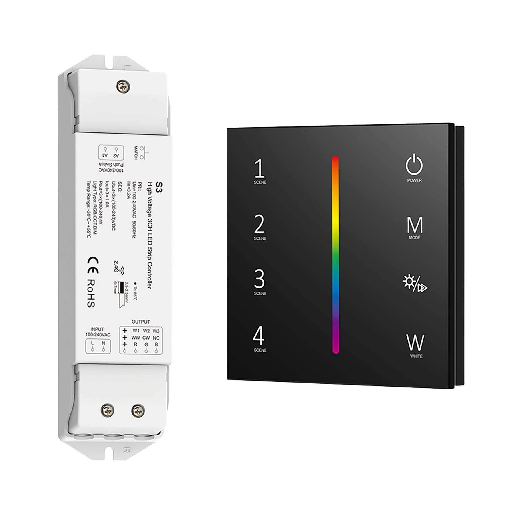 G.W.S. LED Black LED 100-240V AC RGB/RGBW Controller S3 + 4 Zone Panel Remote Control 100-240V AC Input T14-1