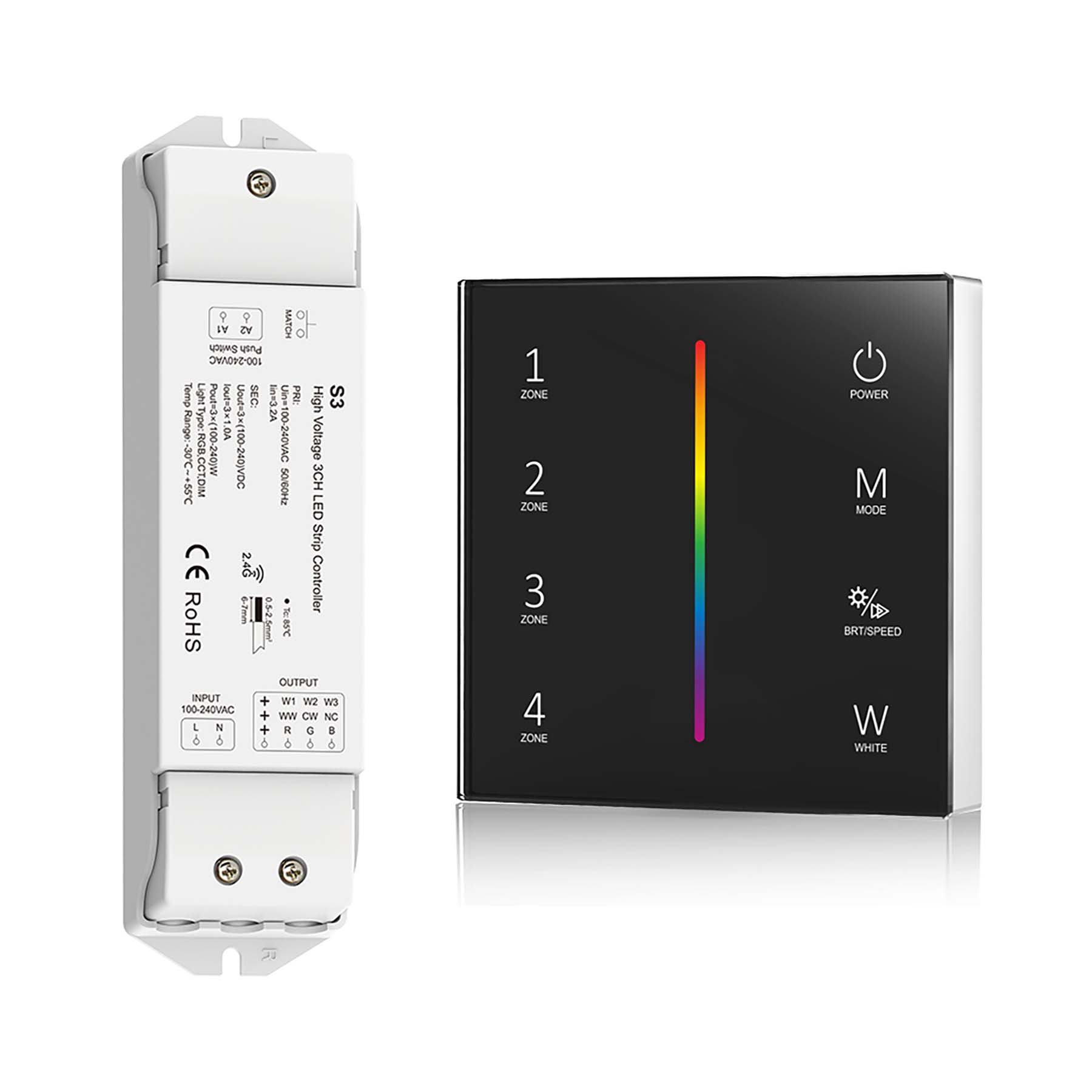 G.W.S. LED Black LED 100-240V AC RGB/RGBW Controller S3 + 4 Zone Panel Remote Control 2*AAA Battery T24