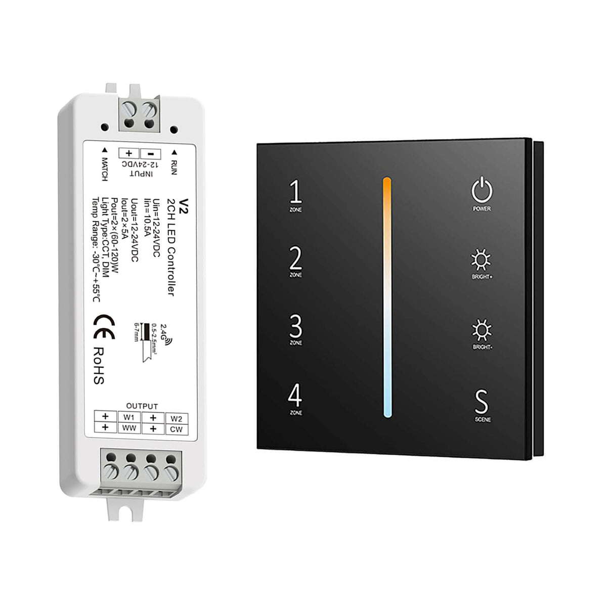 G.W.S. LED Black LED 12-24V DC CCT Controller V2 + 4 Zone Panel Remote Control 100-240V AC Input T12-1