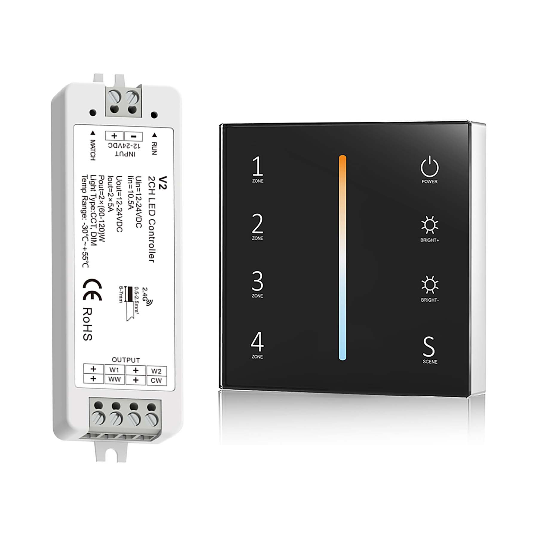 G.W.S. LED Black LED 12-24V DC CCT Controller V2 + 4 Zone Panel Remote Control 2*AAA Battery T22