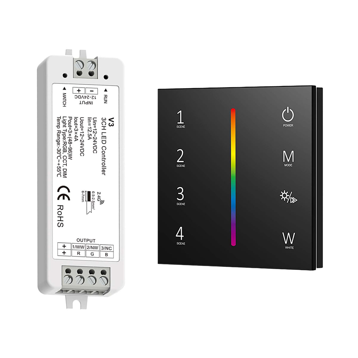 G.W.S. LED Black LED 12-24V DC RGB/RGBW Controller V3 + 4 Zone Panel Remote Control 100-240V AC Input T14-1