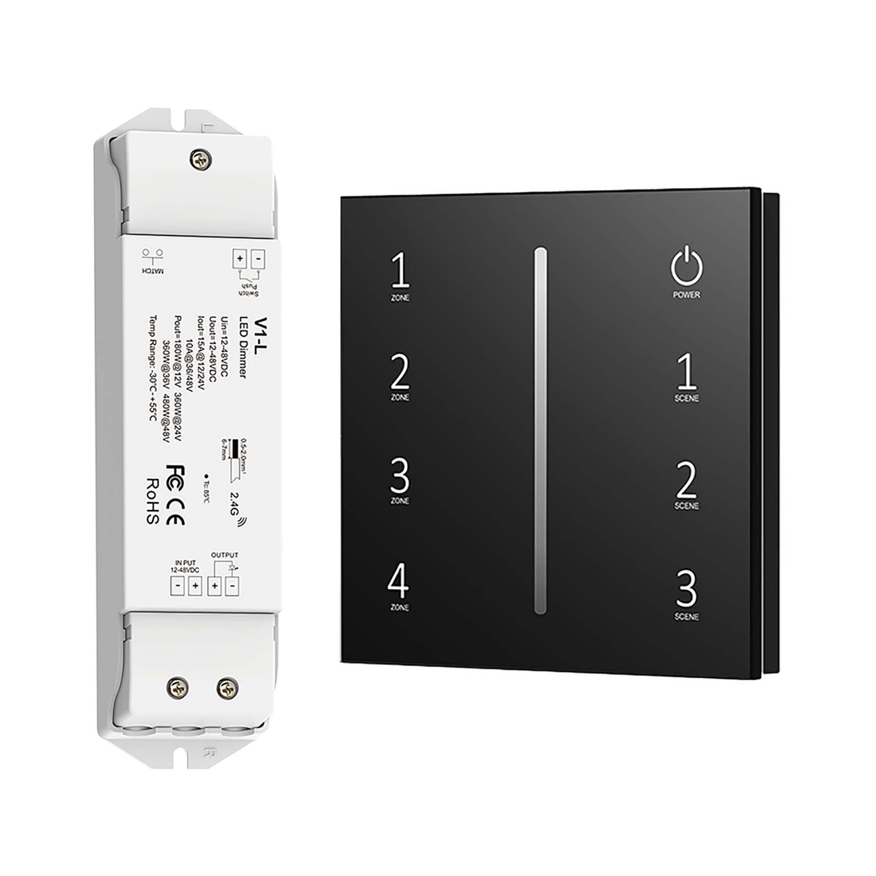 G.W.S. LED Black LED 12-48V DC Dimming Controller V1-L + 4 Zone Panel Remote Control 100-240V AC Input T11-1