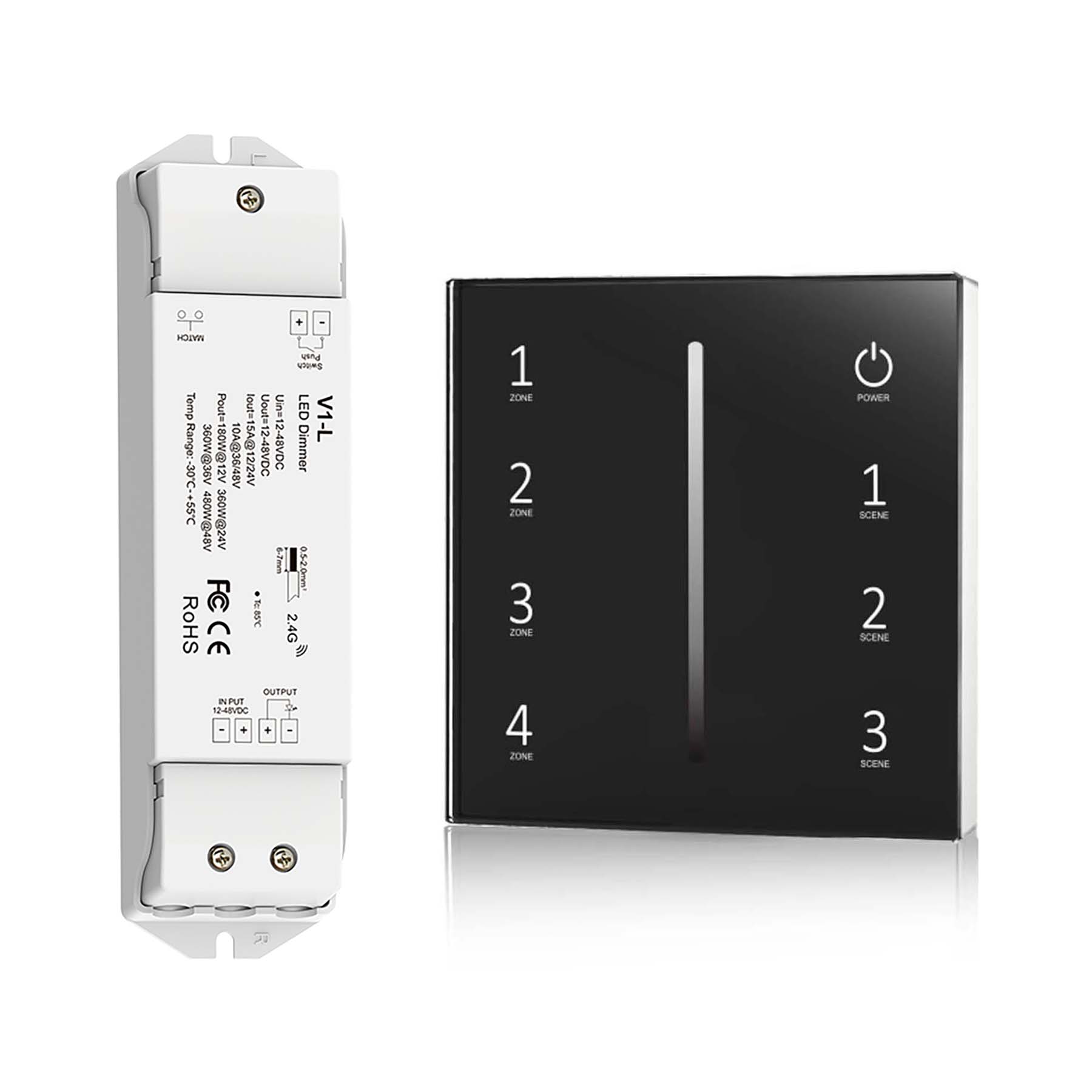G.W.S. LED Black LED 12-48V DC Dimming Controller V1-L + 4 Zone Panel Remote Control 2*AAA Battery T21