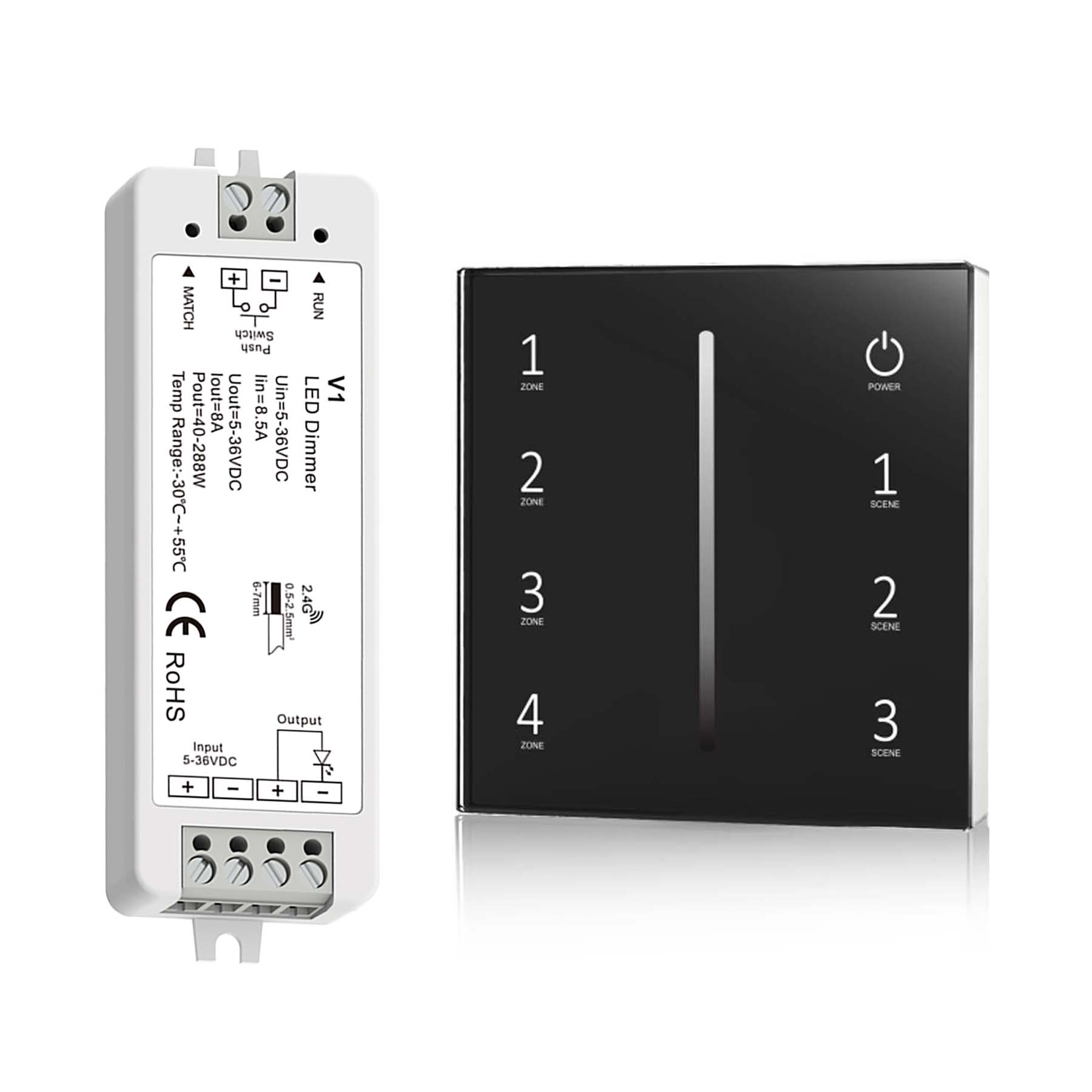G.W.S. LED Black LED 5-36V DC Dimming Controller V1 + 4 Zone Panel Remote Control 2*AAA Battery T21