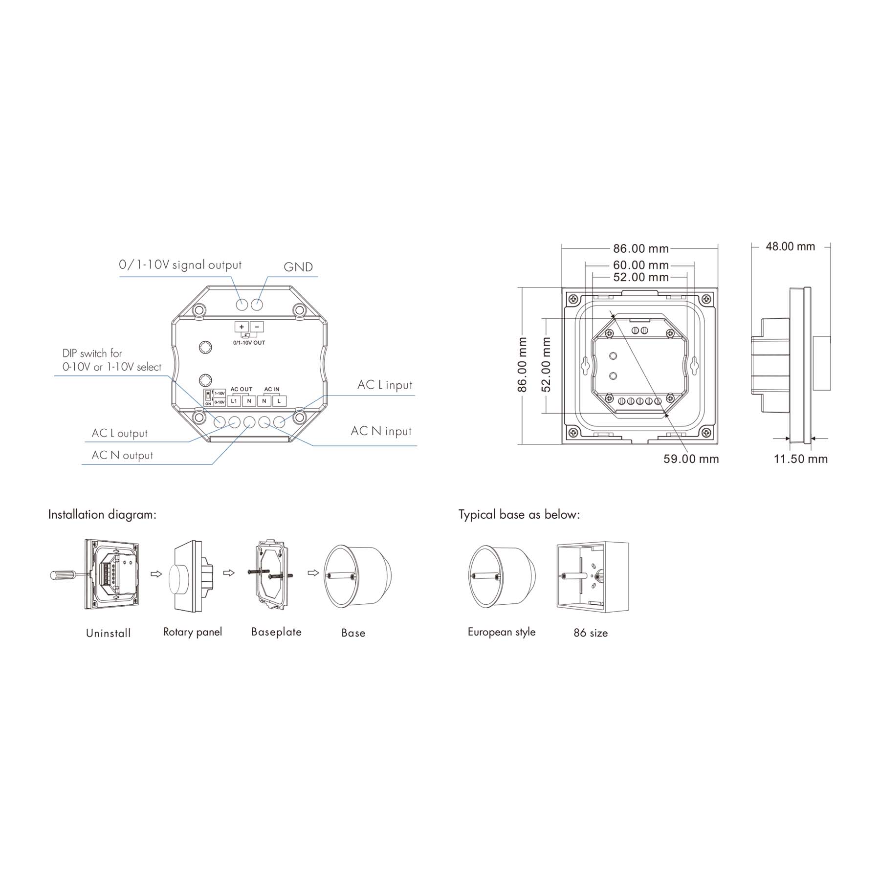 G.W.S. LED LED 1-10V Dimmer Switch Wall Rotary Panel 2.4GHz RF AC100-240V T18-2