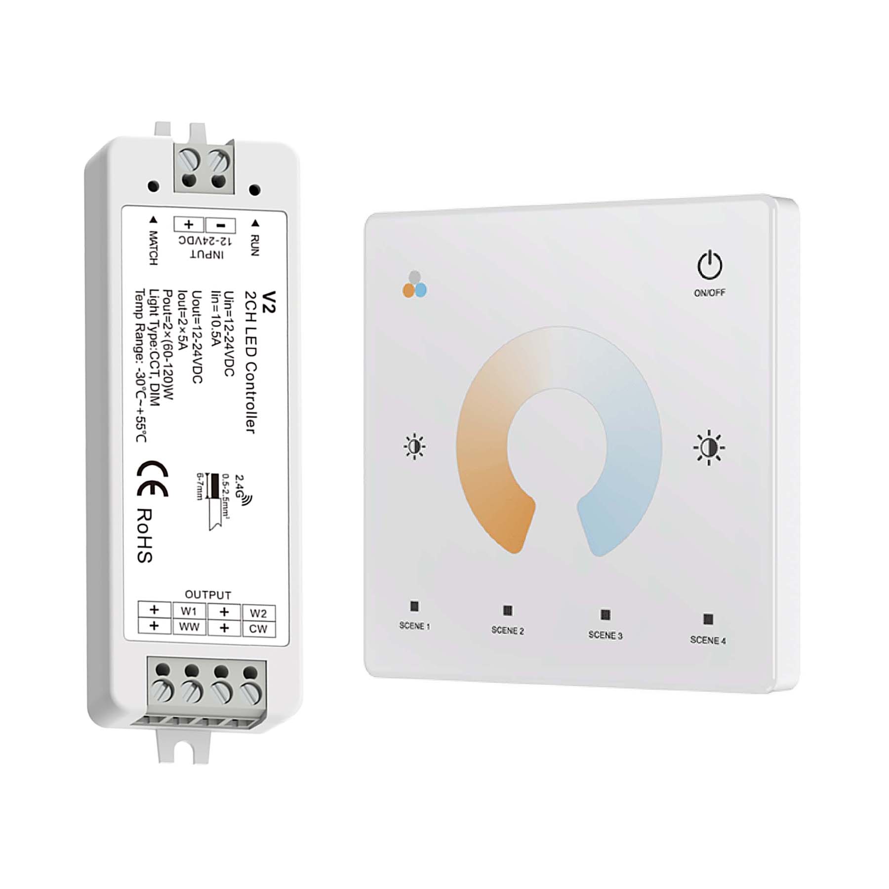 G.W.S. LED LED 12-24V DC CCT Controller V2 + 1 Zone Panel Remote Control 1*CR2032 Battery TW2