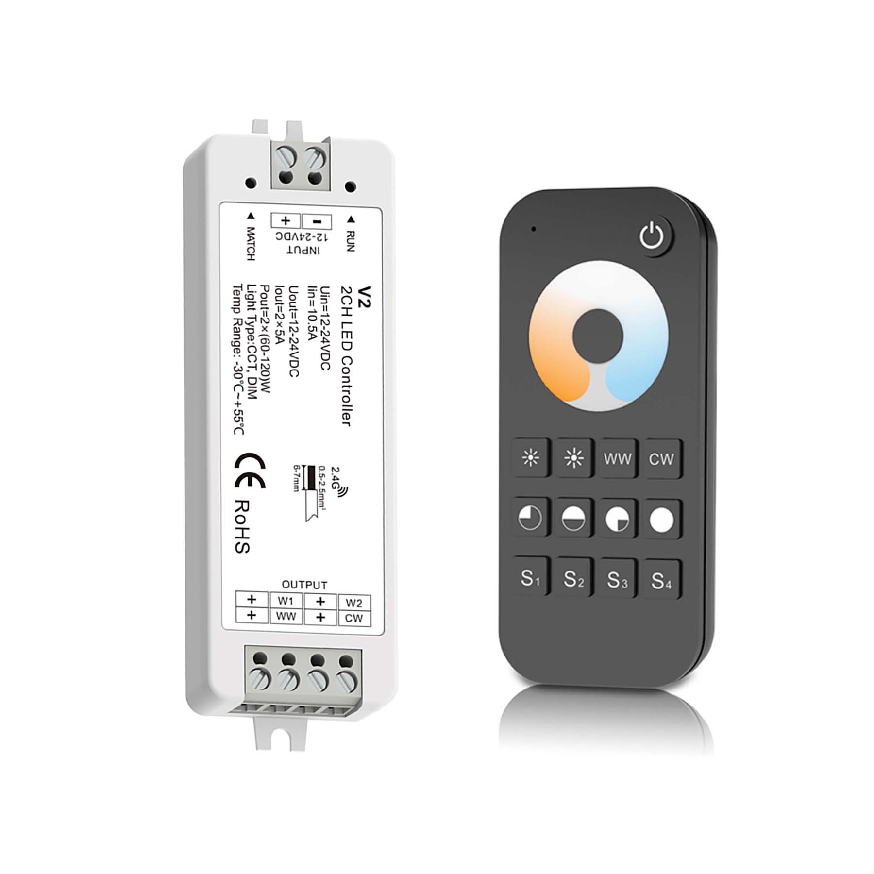 LED 12-24V DC Dimming/CCT Controller V2 + 1 Zone Remote Control RT2