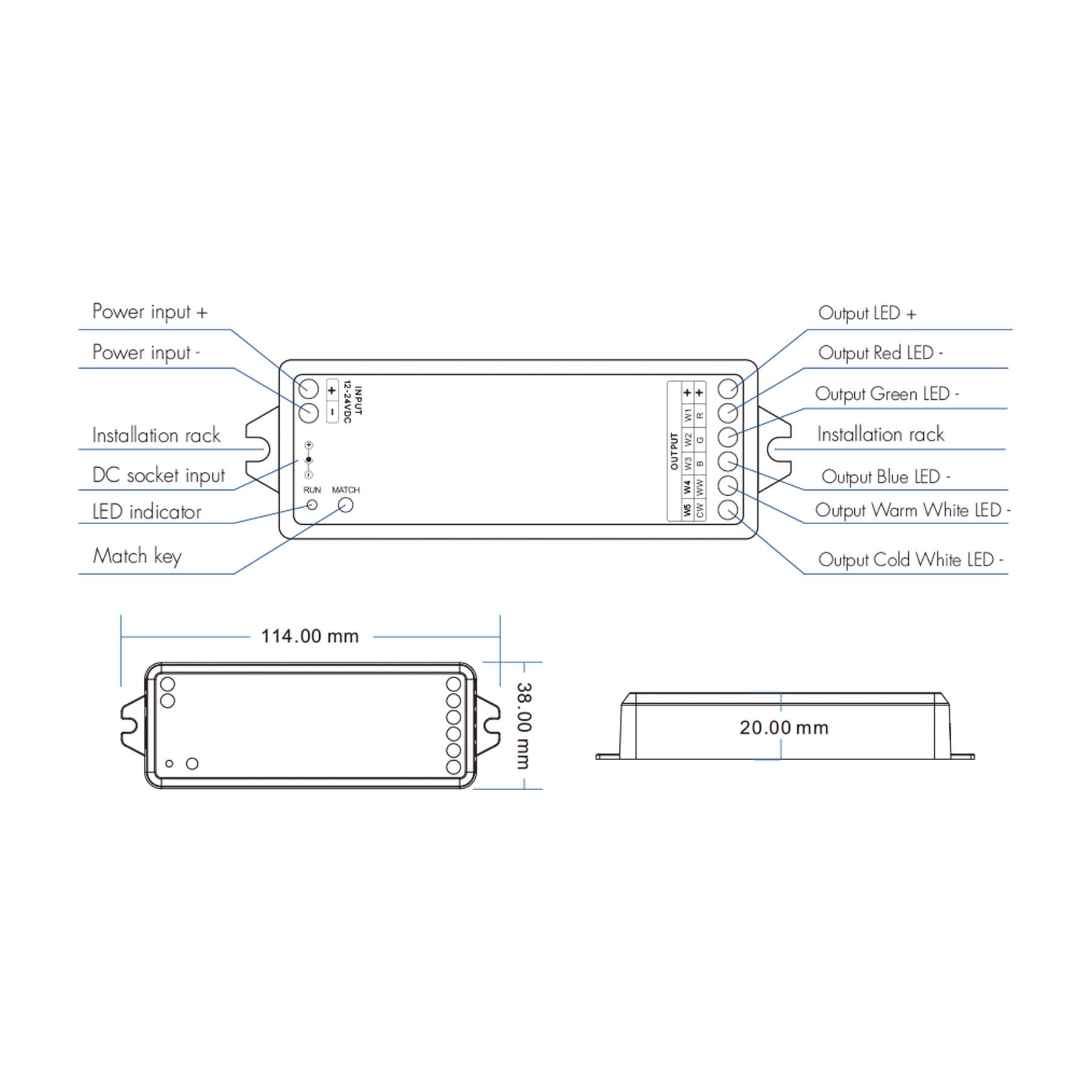 G.W.S. LED LED 12-24V DC RGB+CCT Controller 5CH*3A 2.4GHz RF V5-M
