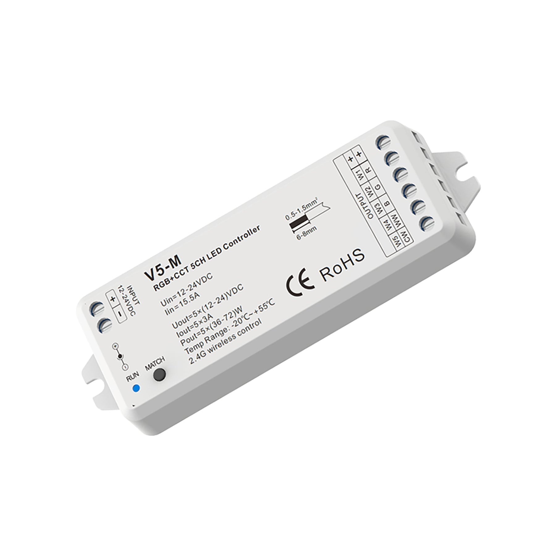 G.W.S. LED LED 12-24V DC RGB+CCT Controller V5-M + 1 Zone Panel Remote Control 1*CR2032 Battery TW5