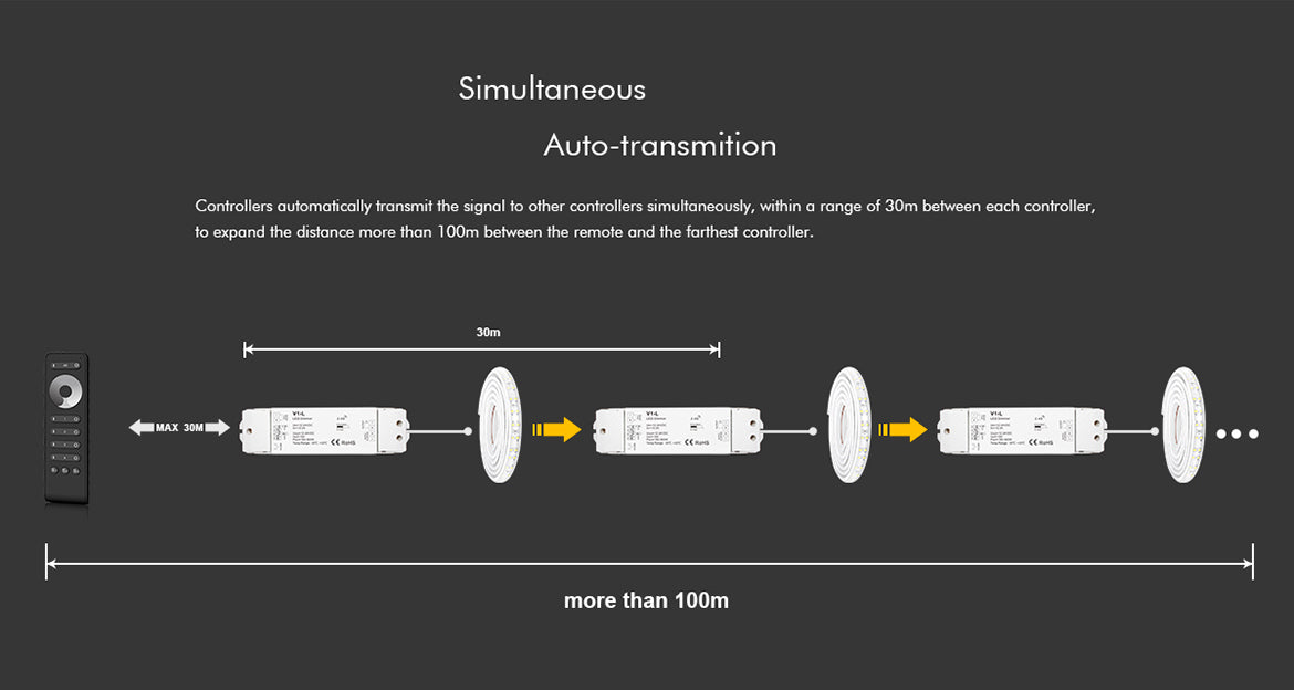 G.W.S. LED LED 12-48V DC Dimming Controller V1-L + 4 Zone Panel Remote Control 2*AAA Battery T21