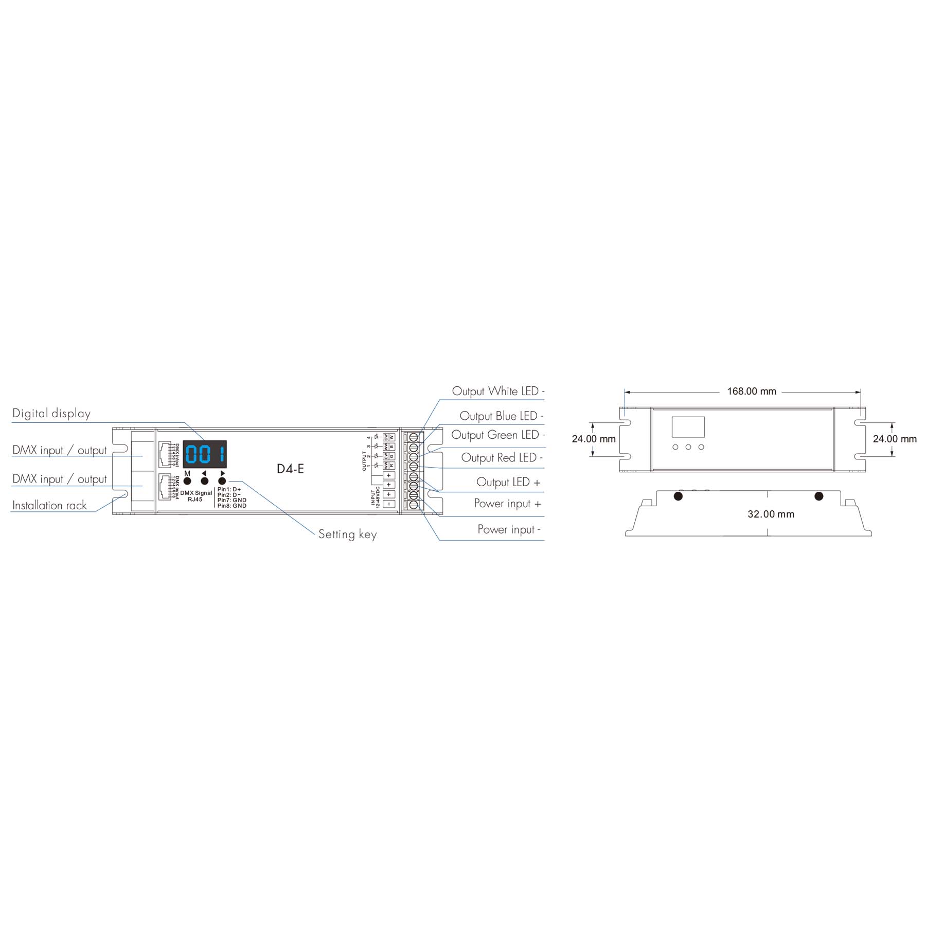 G.W.S. LED LED 12-48V DC DMX Decoder 4CH*8A D4-E