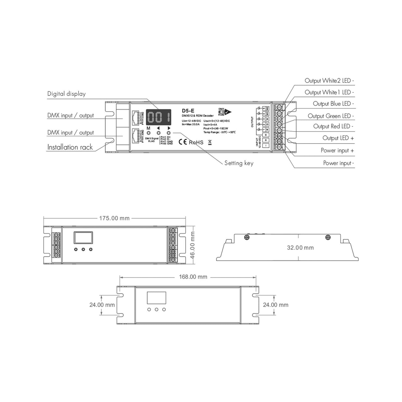 LED 12-48V DC DMX512 & RDM Decoder 5CH*4A D5-E