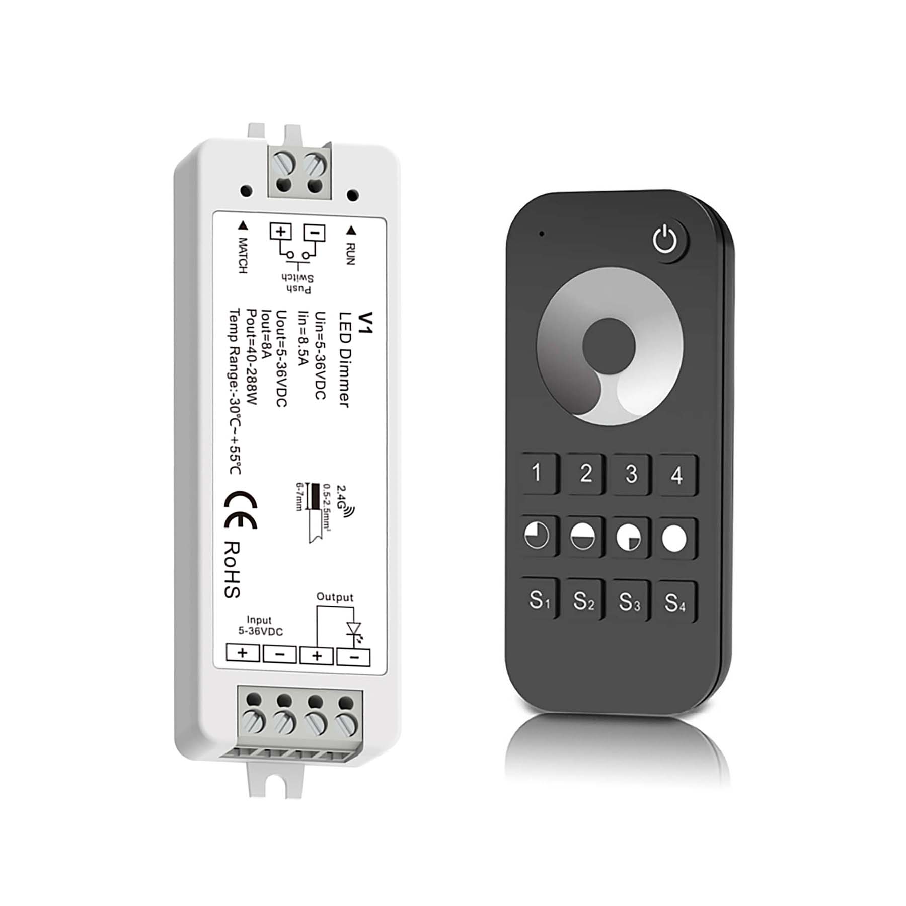 LED 5-36V DC Dimming Controller V1 + 4 Zone Remote Control RT6