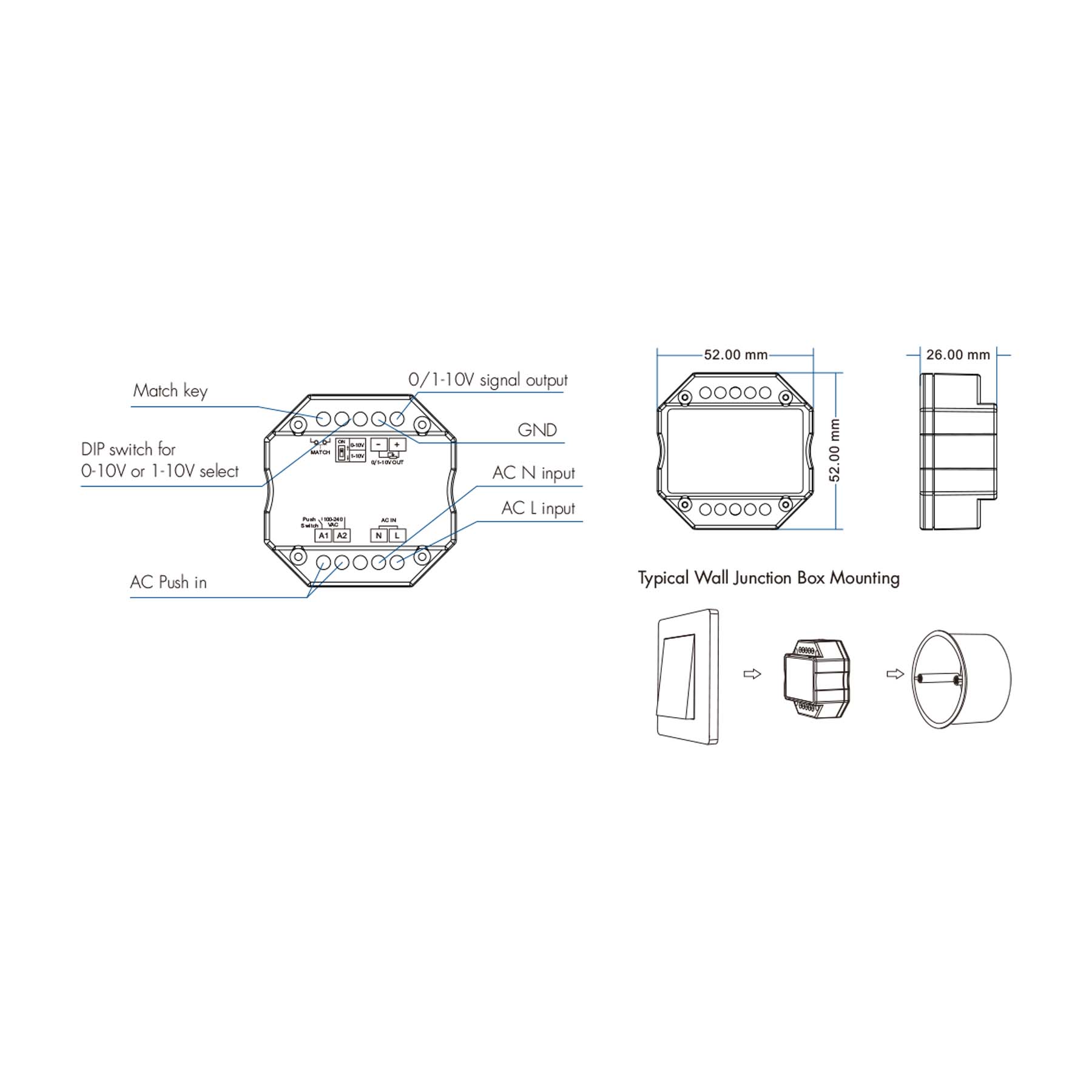 G.W.S. LED LED AC100-240V 0/1-10V Wifi Push Dimmer Tuya APP 2.4GHz RF L1(WT)