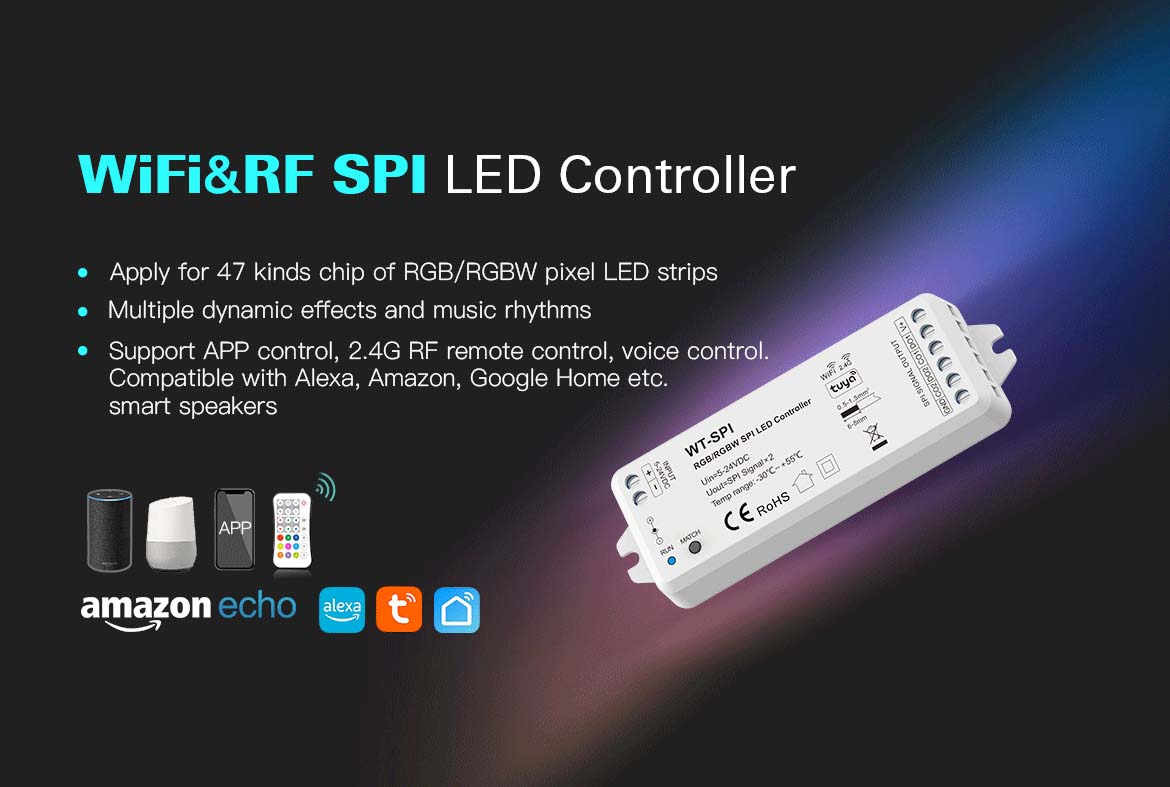 G.W.S. LED LED Controllers 5-24V DC WiFi & 2.4GHz RF SPI Pixel LED Controller WT-SPI (Tuya App)