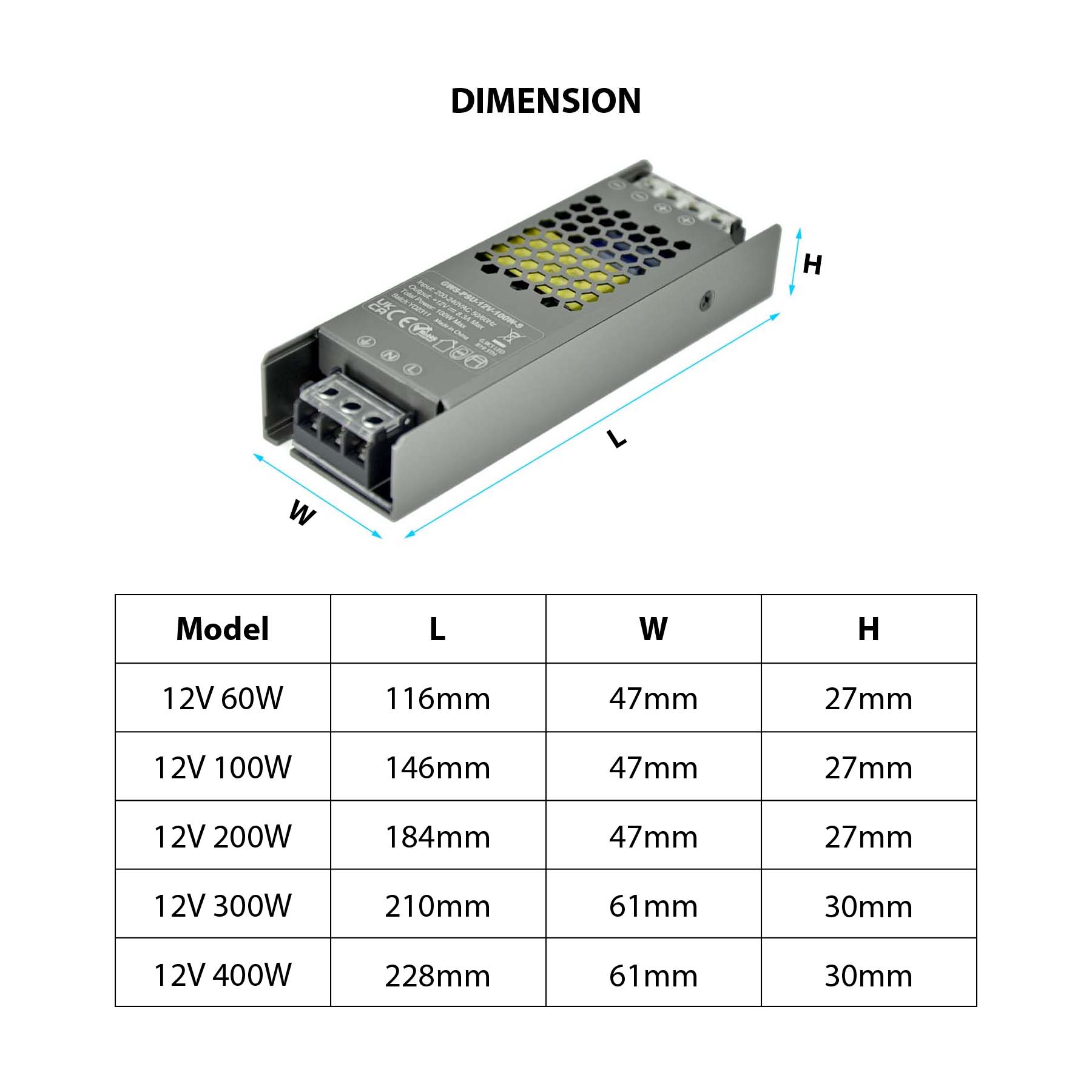G.W.S. LED LED Slim Power Supply Transformer DC 12V-48V 60W-400W 2.1A-33A IP20