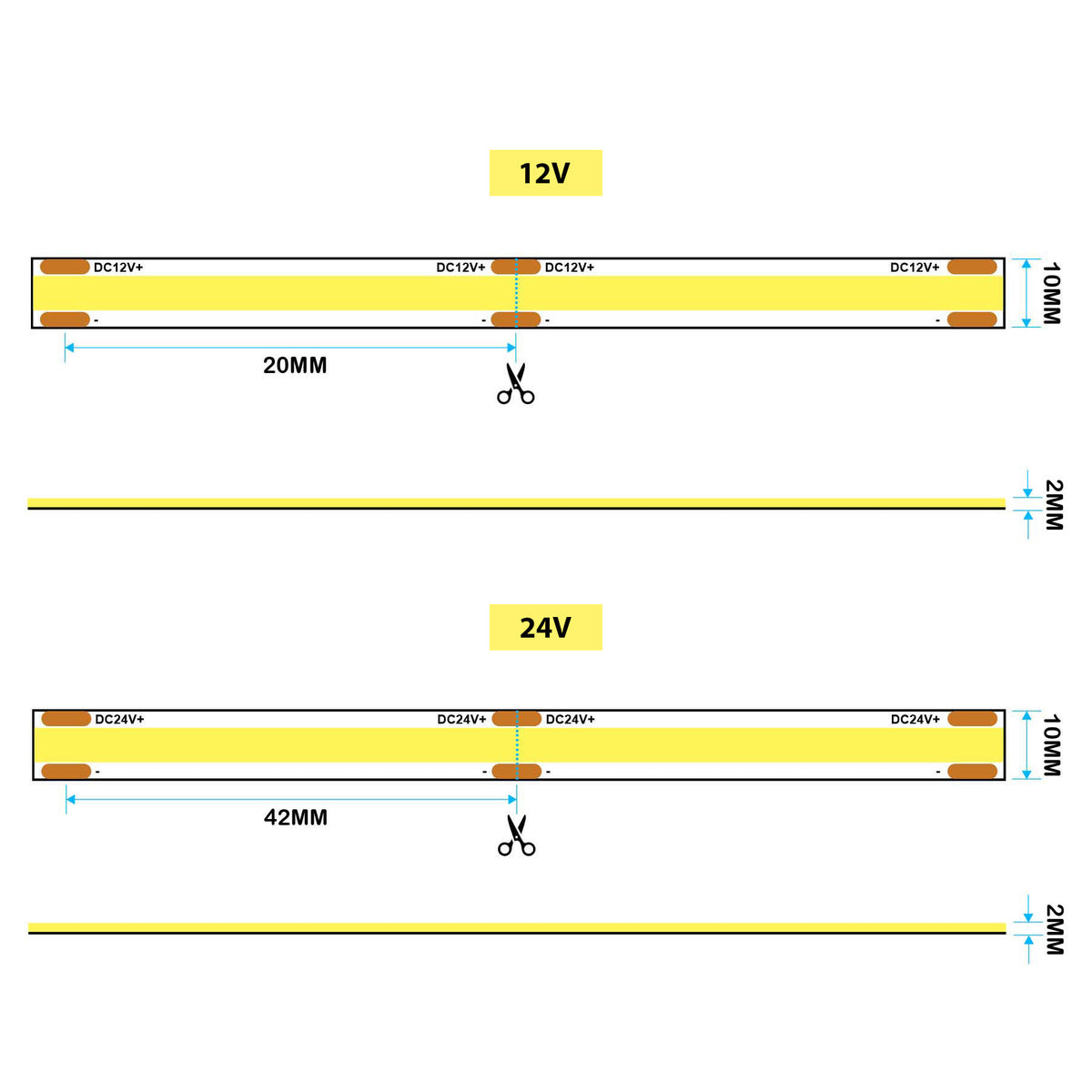 G.W.S. LED LED Strip Lights LED COB Strip Light, Seamless, 5M Reel, IP20, 12V/24V, 10mm Wide