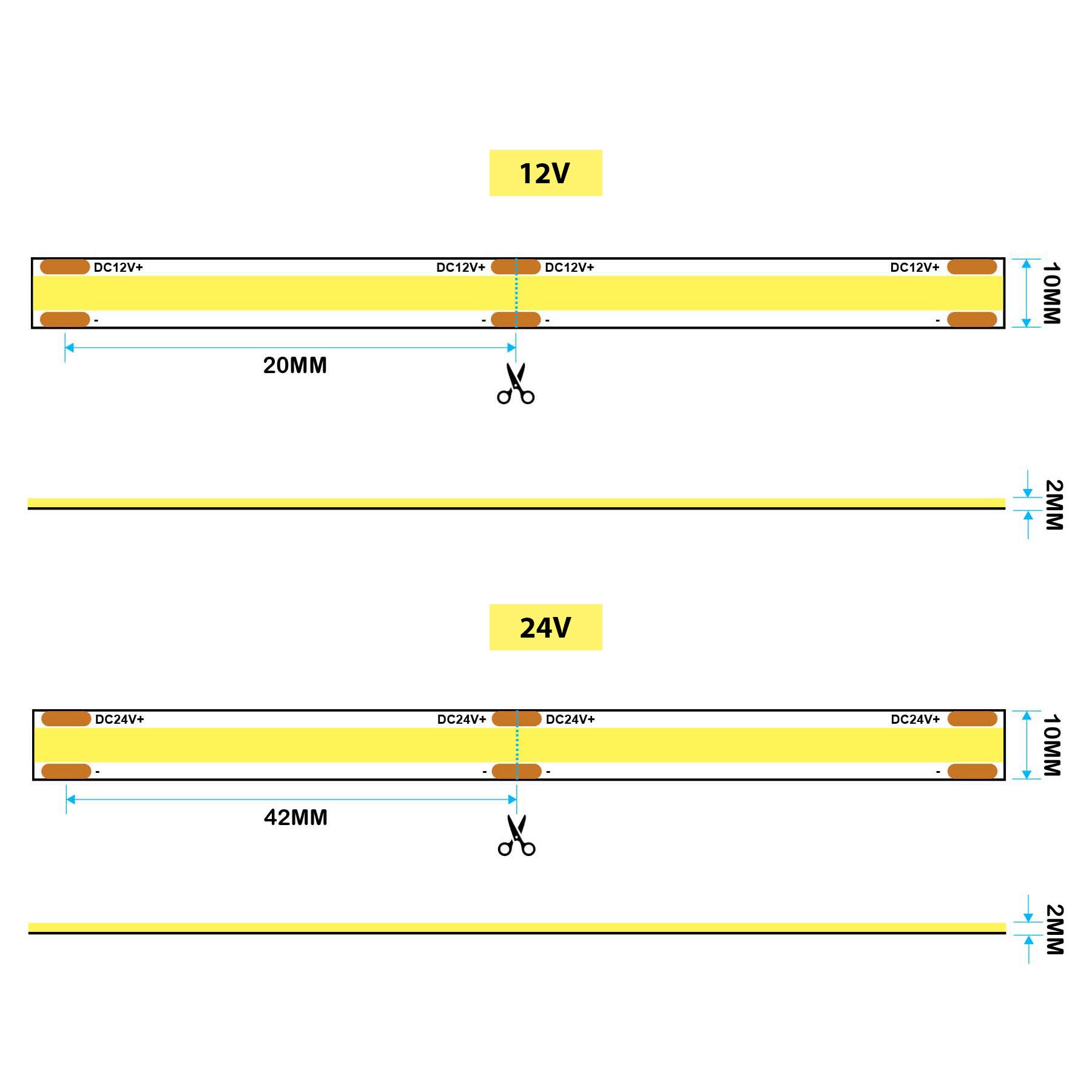 G.W.S. LED LED Strip Lights LED COB Strip Light, Seamless, 5M Reel, IP20, 12V/24V, 10mm Wide