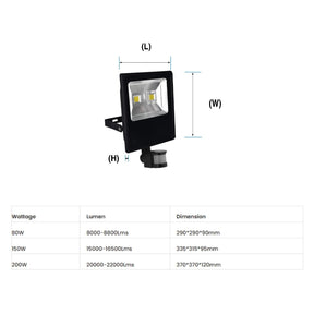 G.W.S. LED Slim LED Floodlights 80W / Warm White (3500K) / PIR Motion Sensor Slim Black Casing  LED Flood Light With PIR Motion Sensor