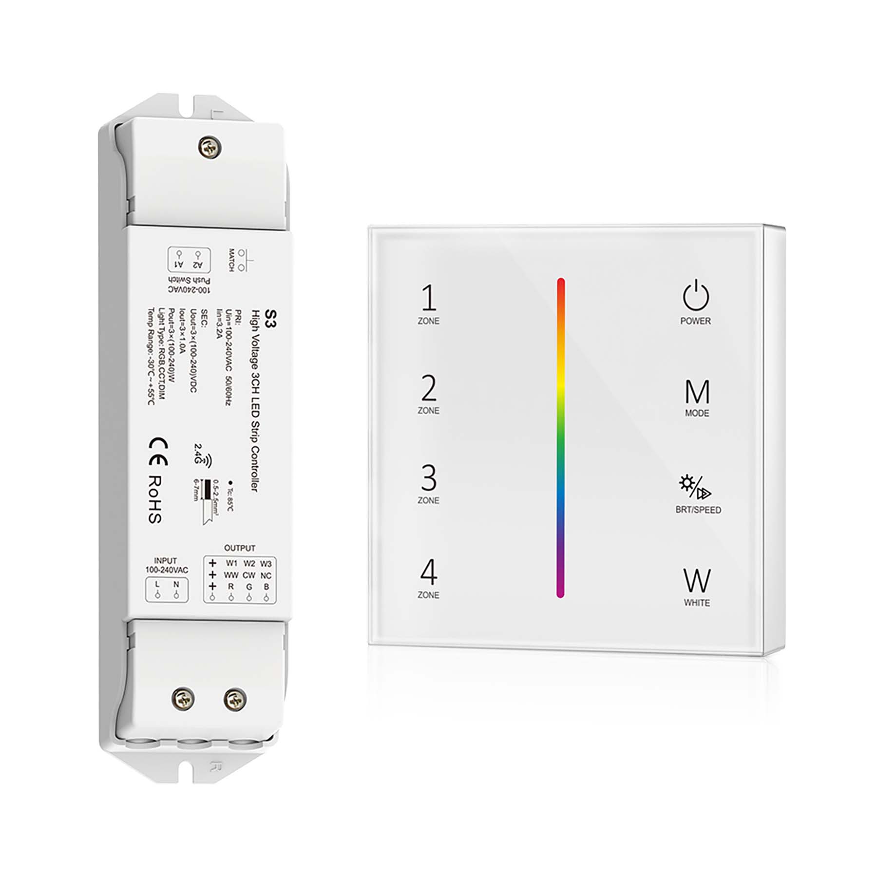 G.W.S. LED White LED 100-240V AC RGB/RGBW Controller S3 + 4 Zone Panel Remote Control 2*AAA Battery T24