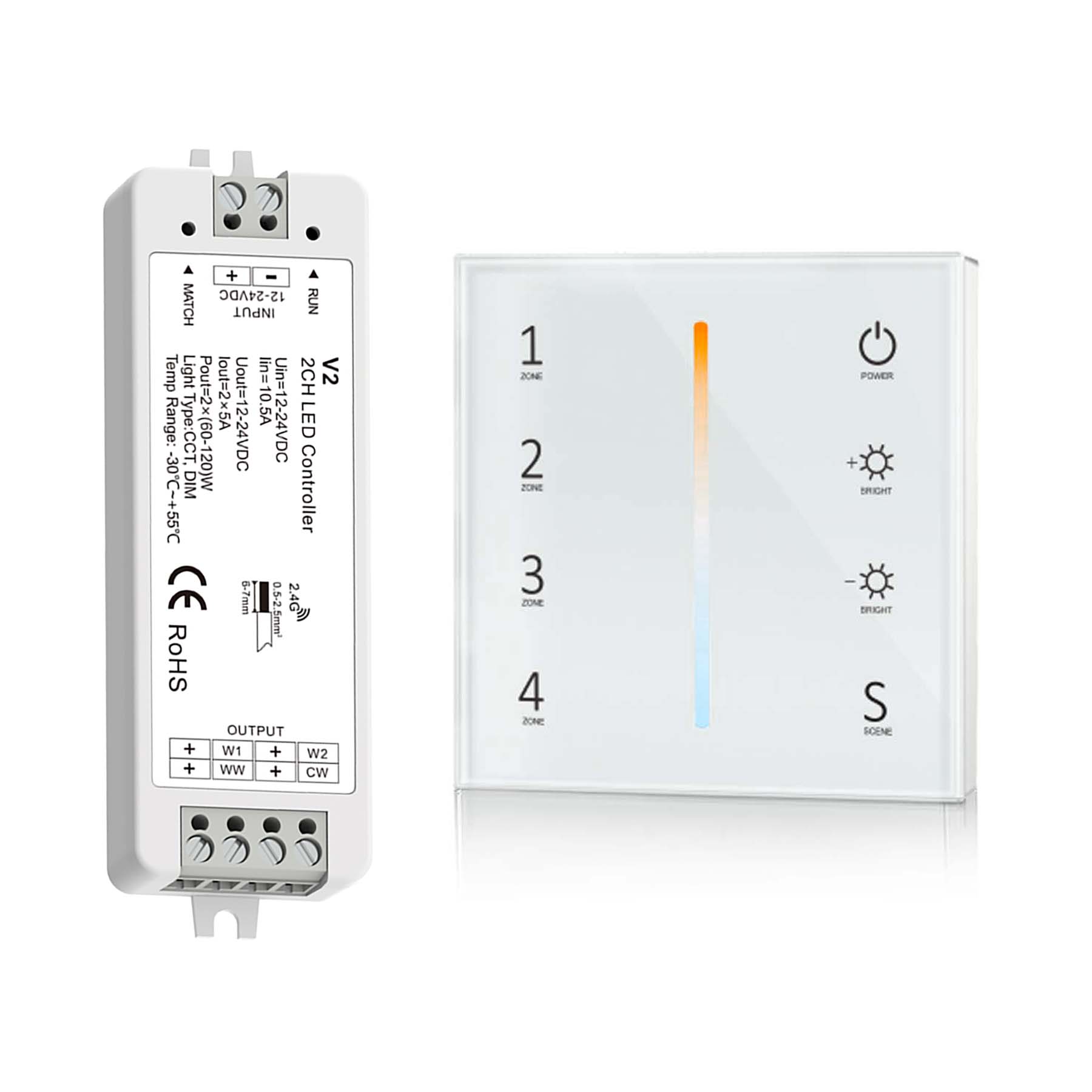 G.W.S. LED White LED 12-24V DC CCT Controller V2 + 4 Zone Panel Remote Control 2*AAA Battery T22