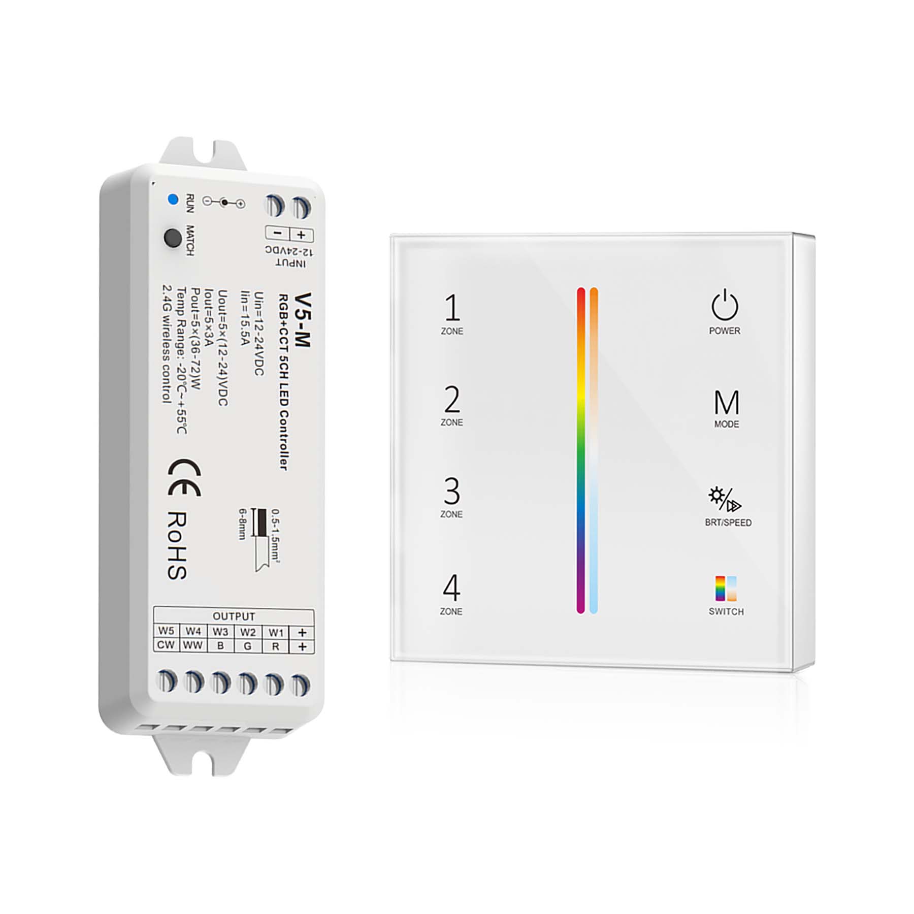 G.W.S. LED White LED 12-24V DC RGB+CCT Controller V5-M + 4 Zone Panel Remote Control 2*AAA Battery T25