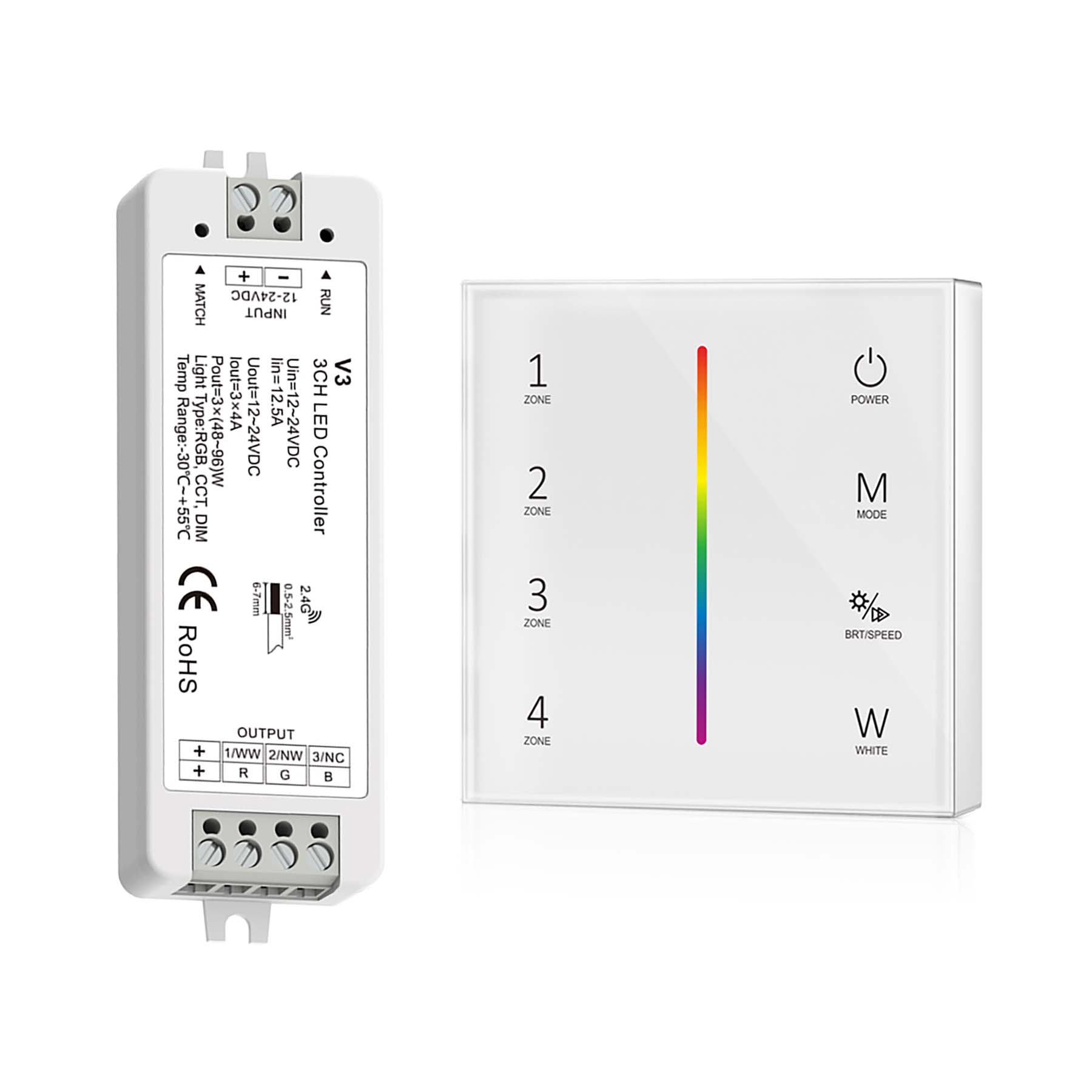 G.W.S. LED LED 12-24V DC RGB/RGBW Controller V3 + 4 Zone Panel Remote Control 2*AAA Battery T24