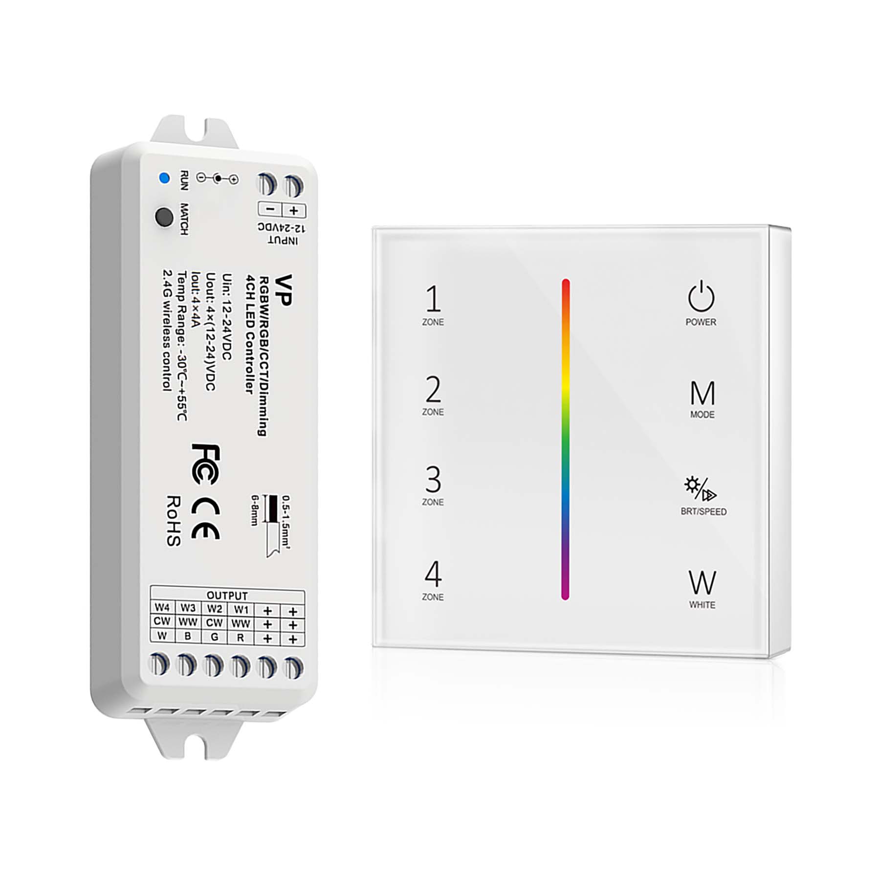 G.W.S. LED White LED 12-24V DC RGB/RGBW Controller VP + 4 Zone Panel Remote Control 2*AAA Battery T24