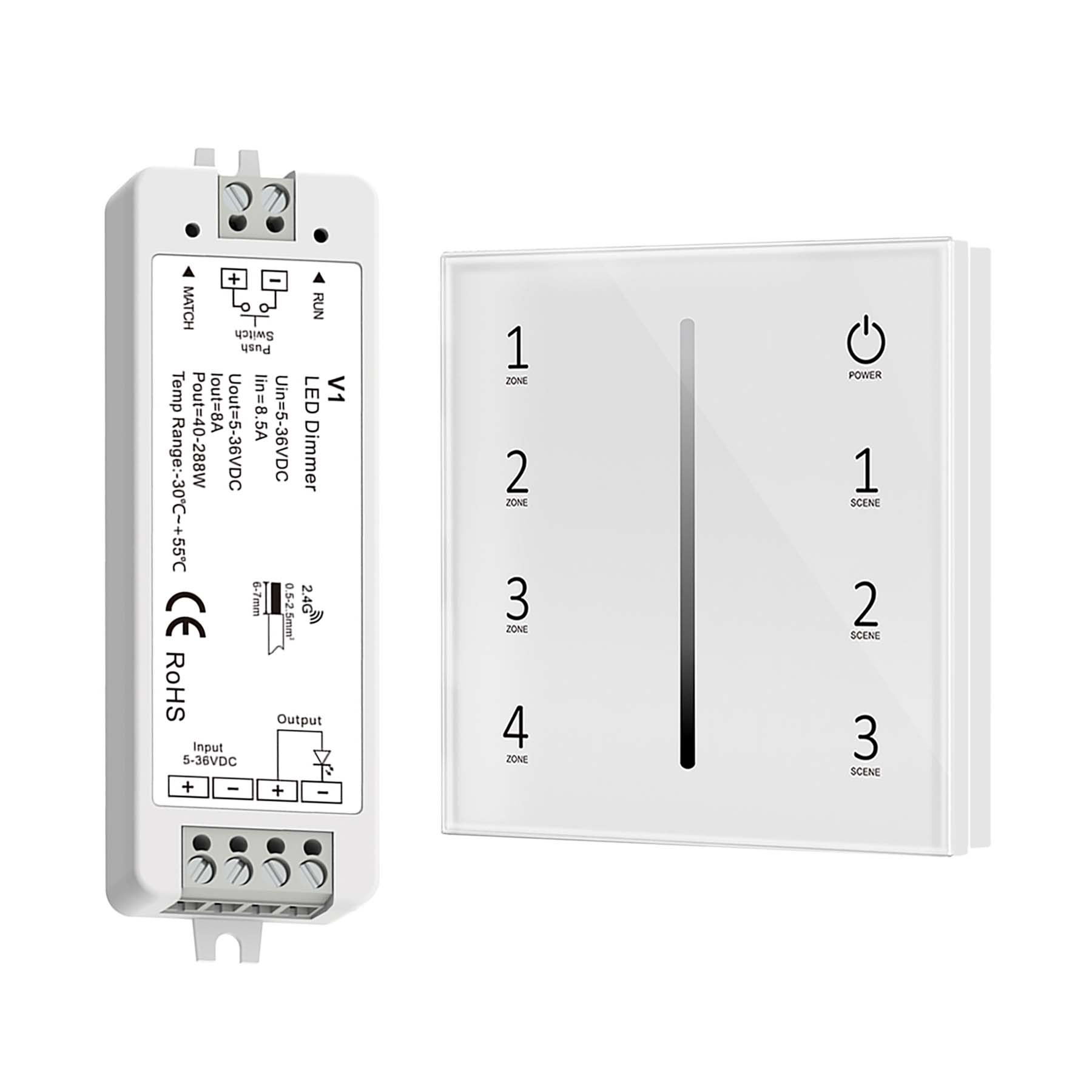 G.W.S. LED White LED 5-36V DC Dimming Controller V1 + 4 Zone Panel Remote Control 100-240V AC Input T11-1 (Black)