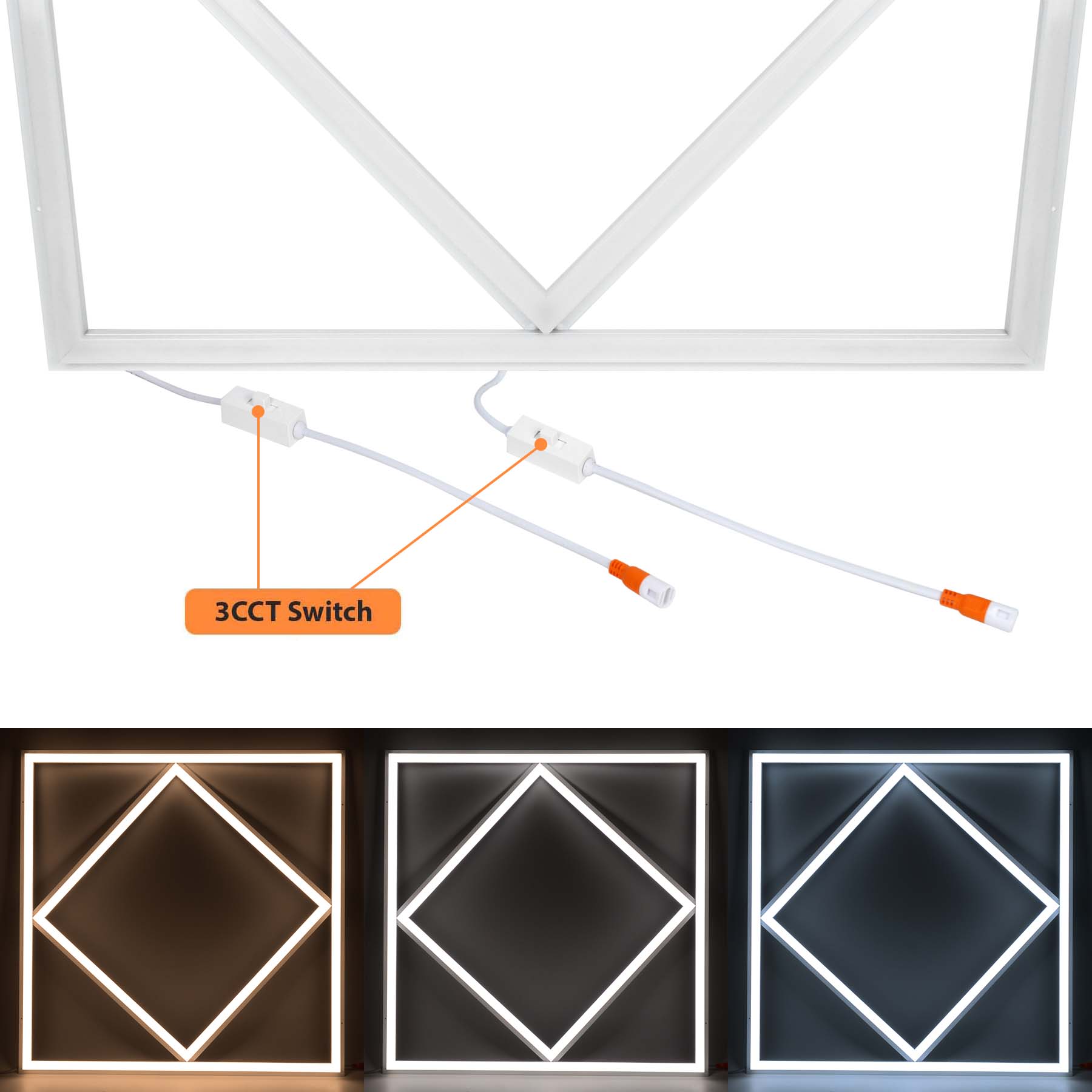 G.W.S LED Wholesale 595x595mm LED Panel Lights 3CCT (3000K+4000K+6000K) / No LED Diamond Lattice Panel Frame Border Edge Light 591x591mm 60W